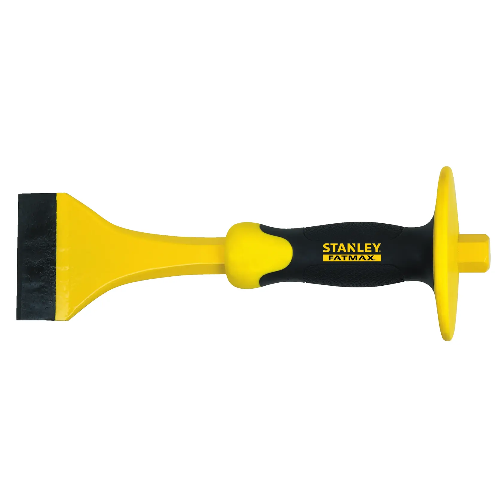 Photo of STANLEY 16-331 cold chisel with yellow blade, black-and-yellow handle, and hand guard, side angle.