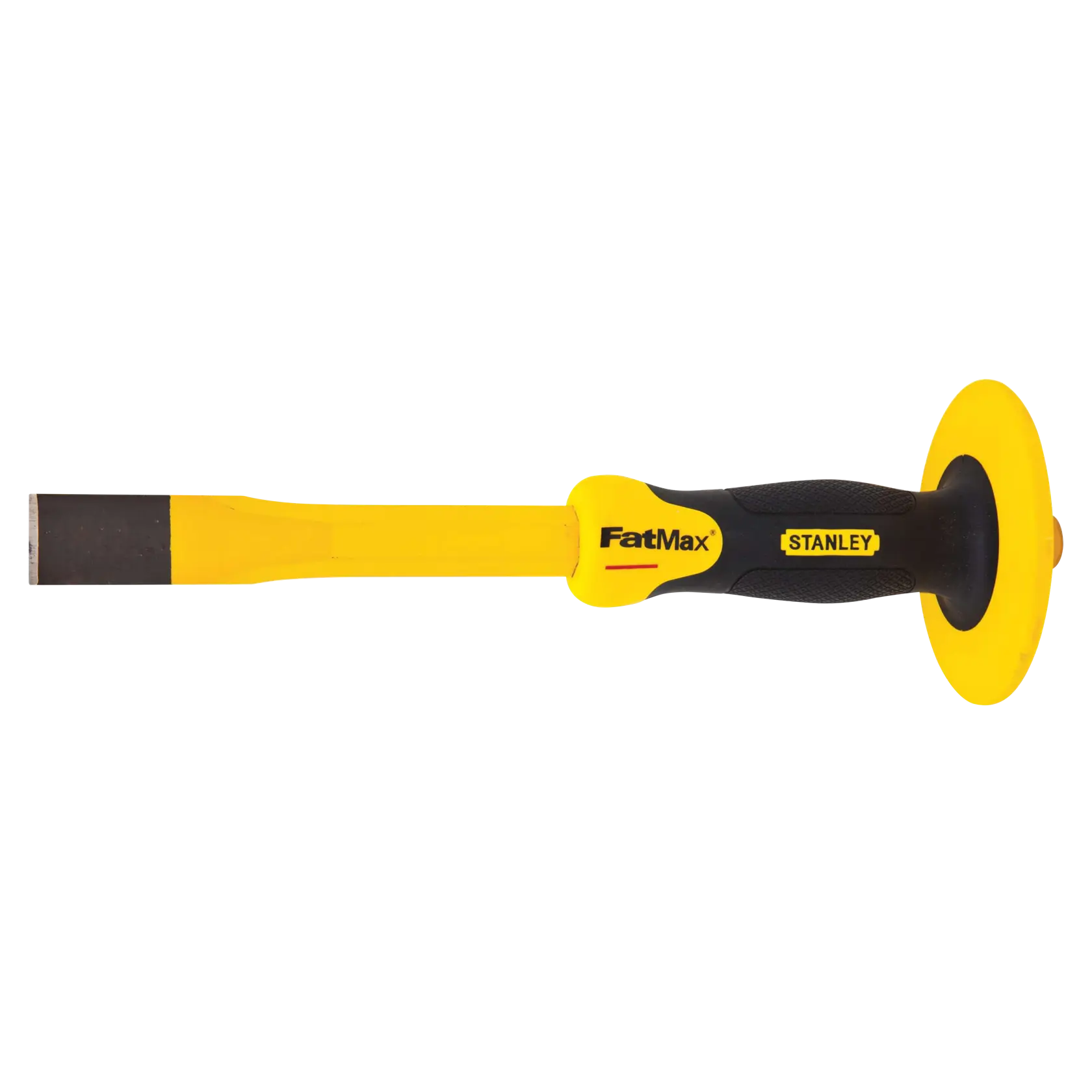 Stanley FatMax chisel with yellow blade, black and yellow ergonomic handle, and hand guard, side view on white background.