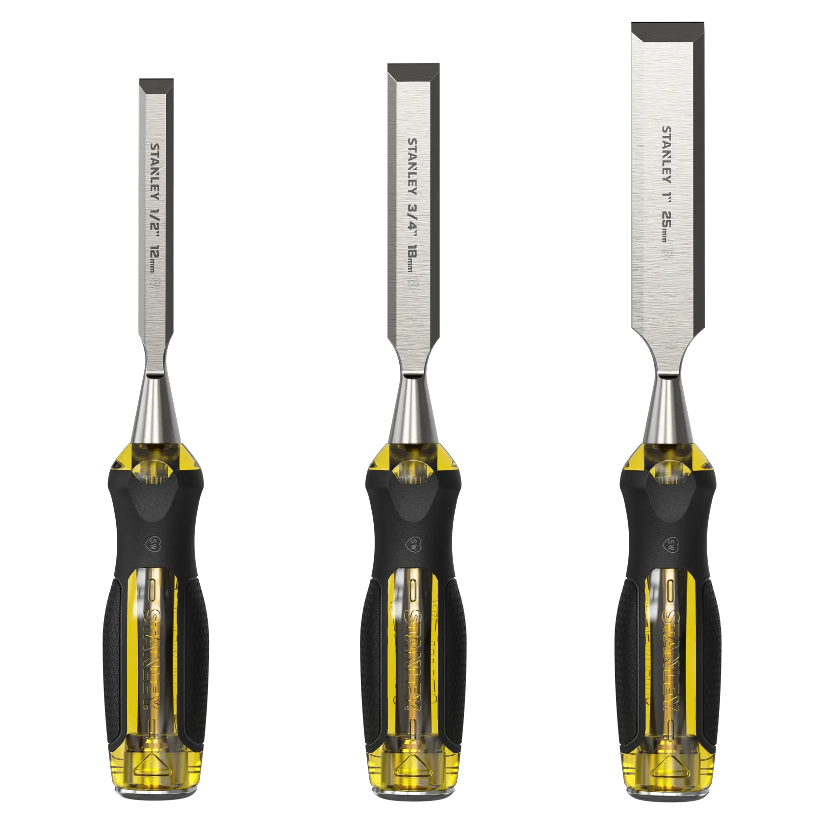 Photo of STANLEY 16-970 chisel set, three chisels with black and yellow handles, front view on white background.
