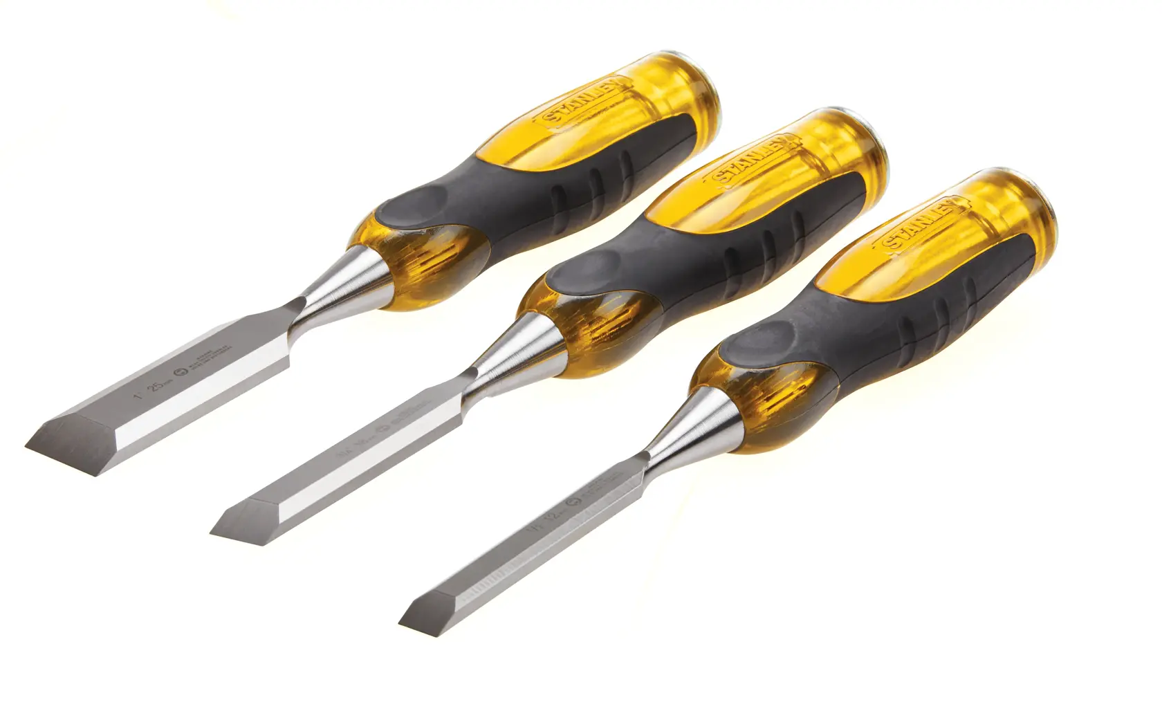 Stanley wood chisel set of three with yellow and black handles, angled front shot on white background