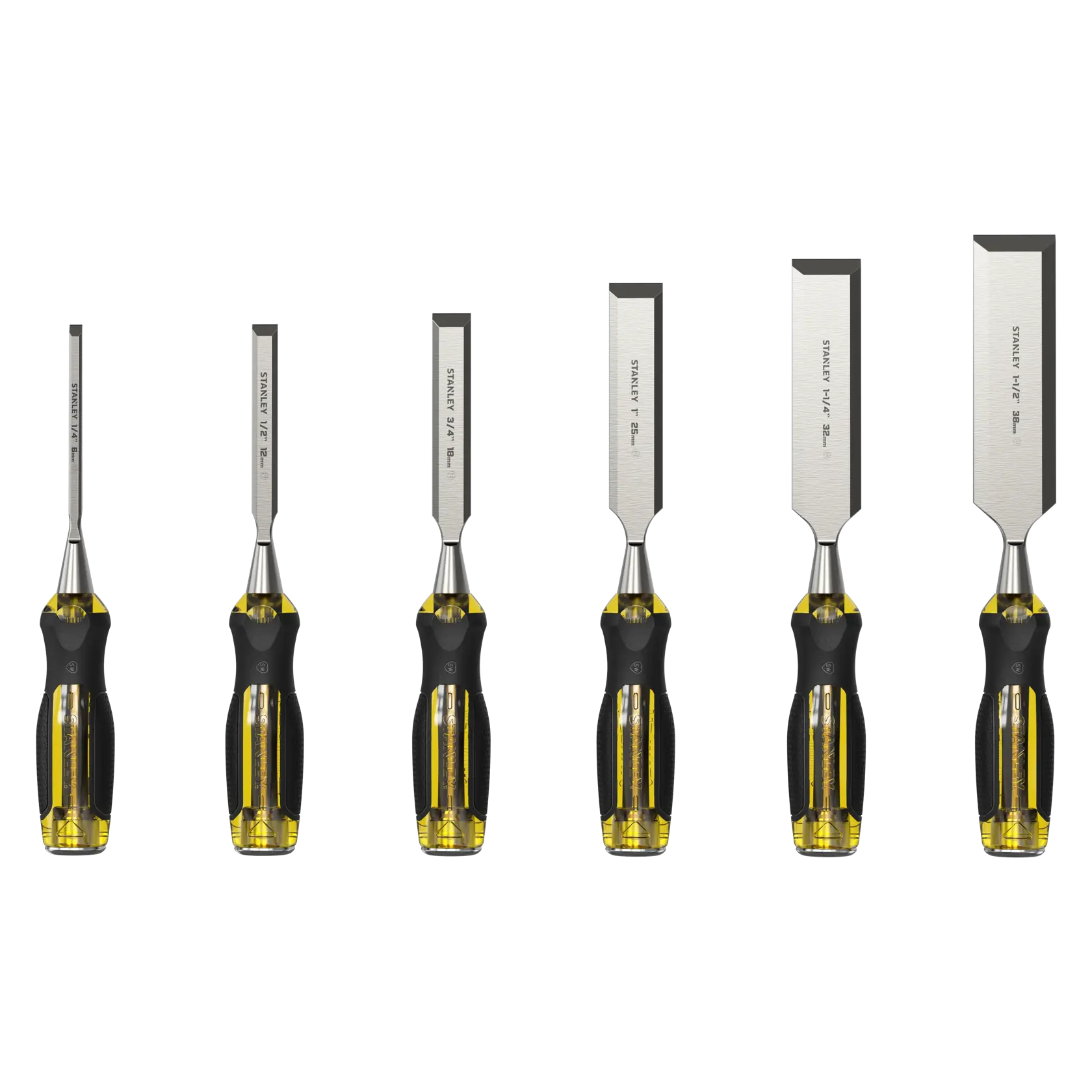 Set of six Stanley chisels with black and yellow handles, arranged in a row, each with a different blade width.