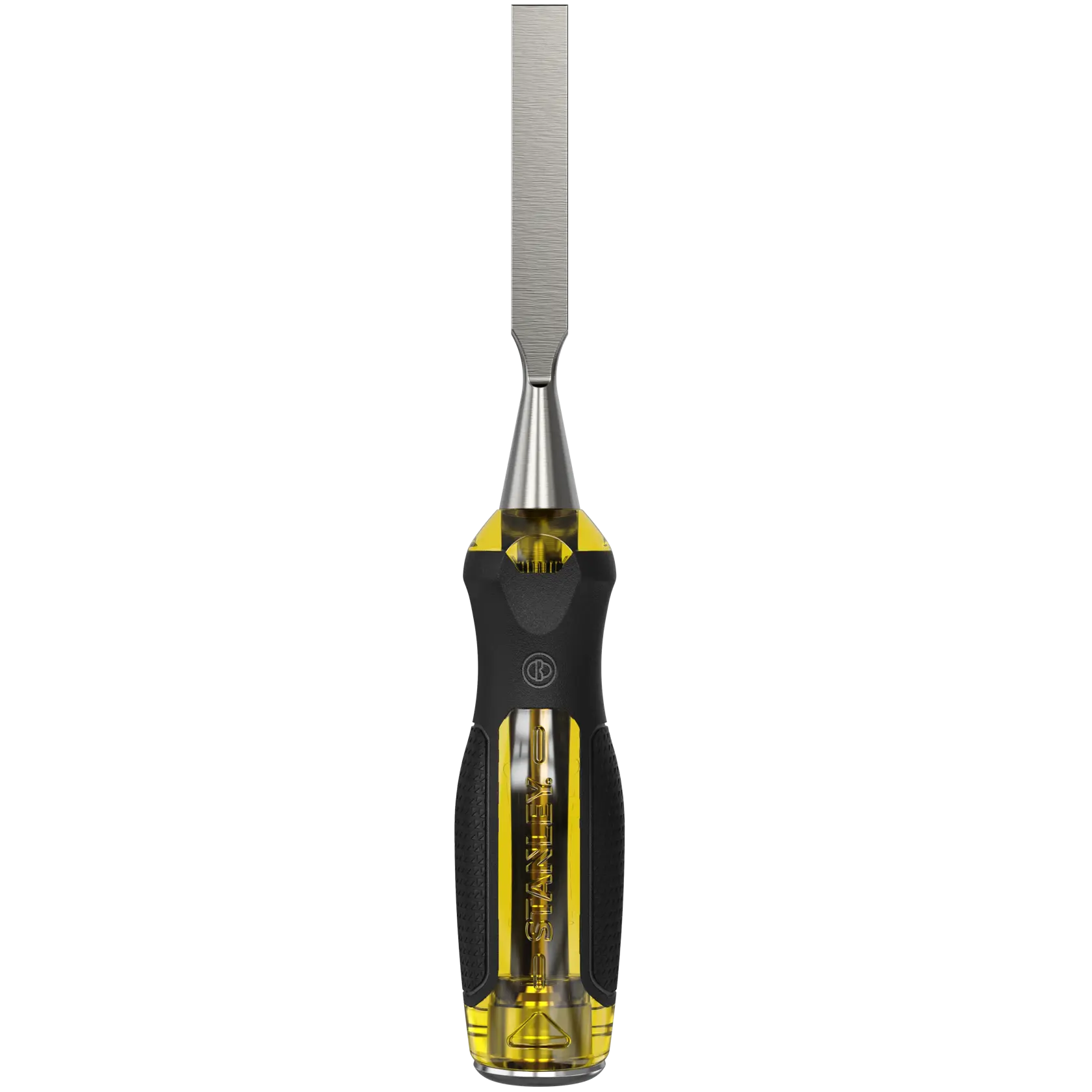 Wood chisel with black and yellow ergonomic handle and flat metal blade, shown vertically.
