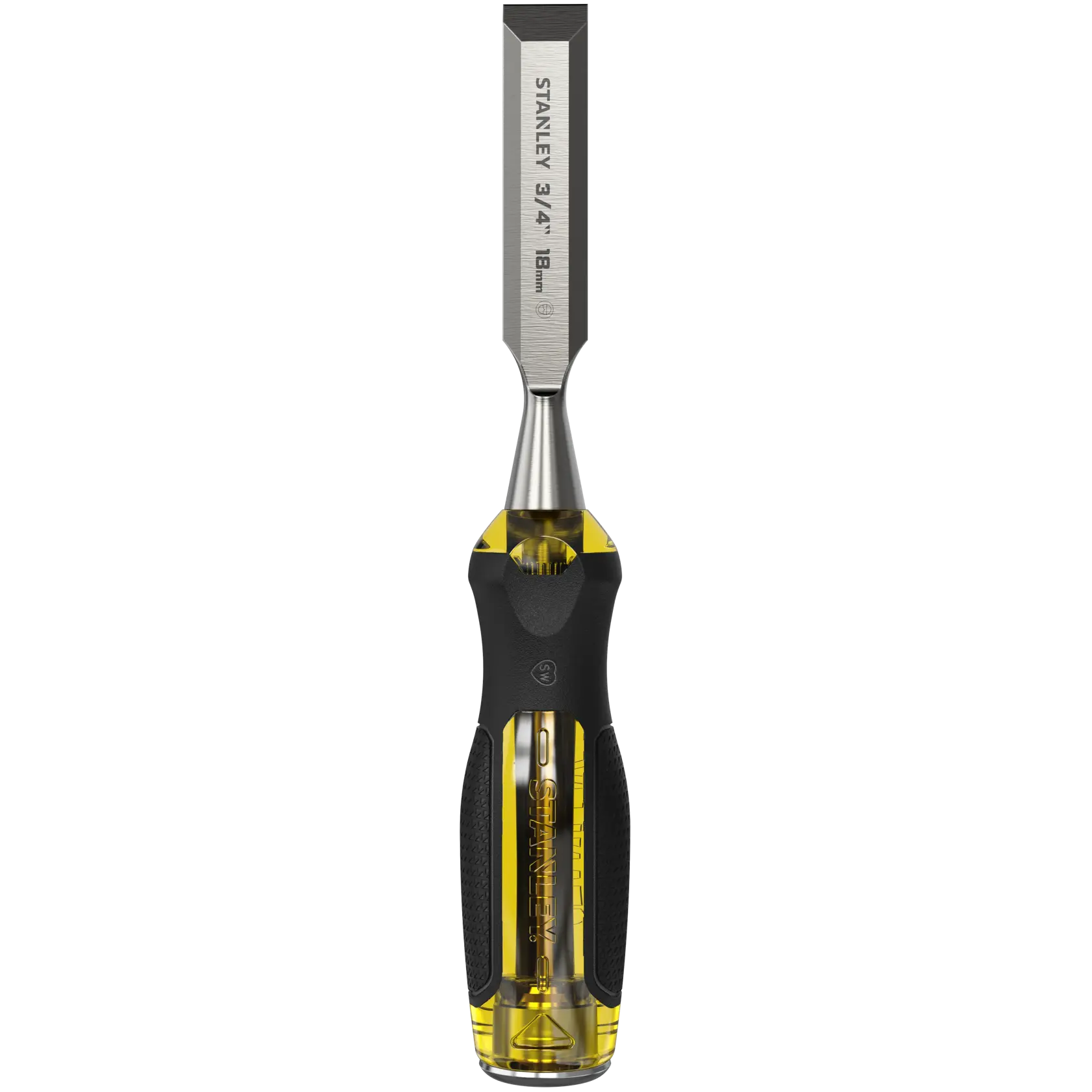 STANLEY 16-977 wood chisel with beveled steel blade and amber and black handle, front angle on white background.