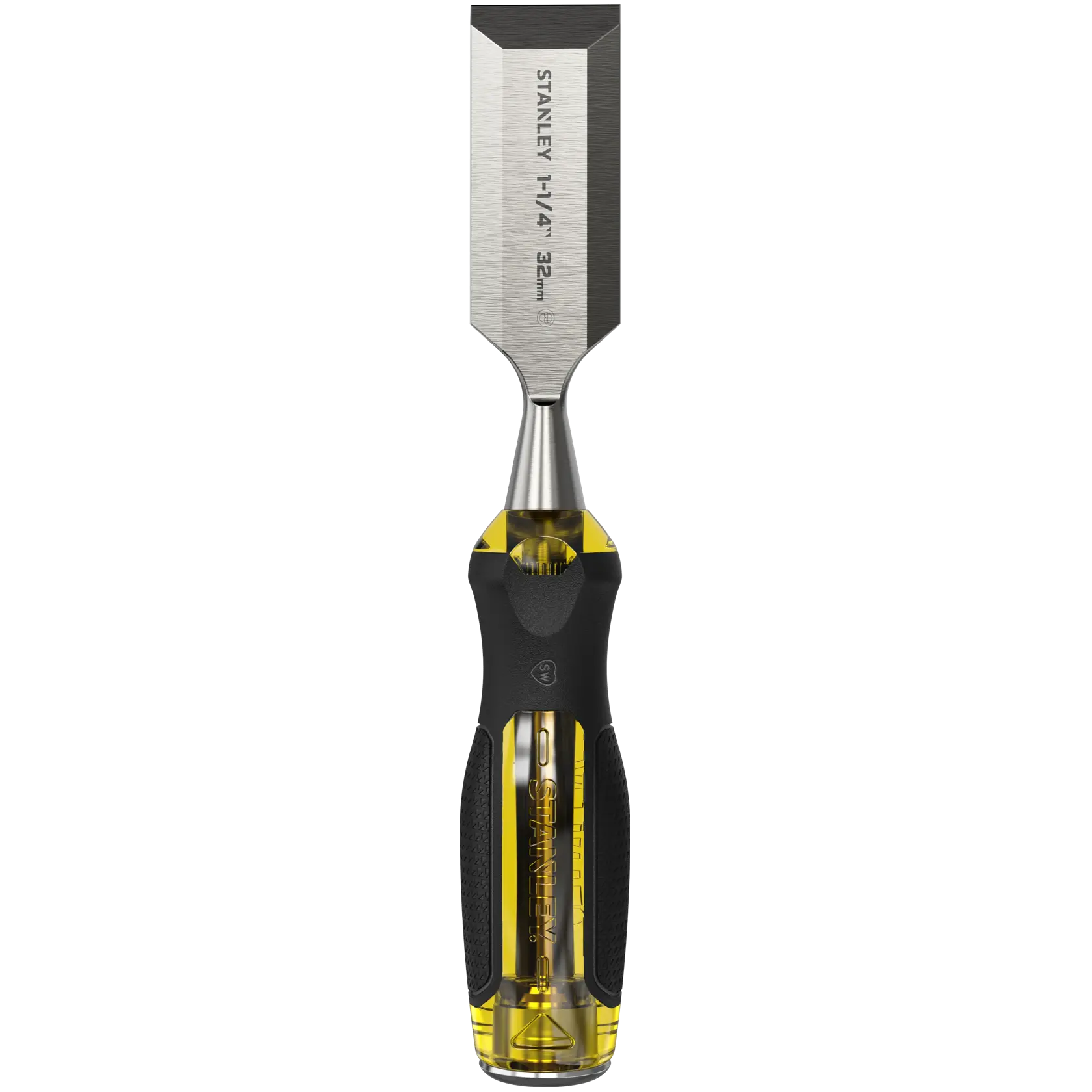 STANLEY 16-979 wood chisel with yellow and black handle, front view on white background.