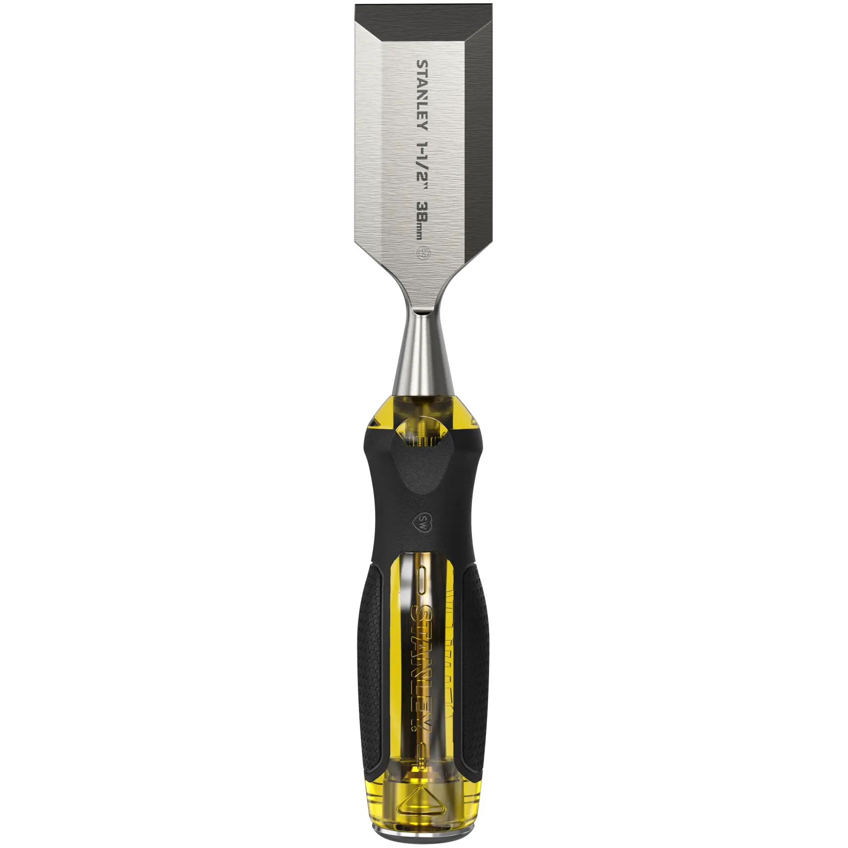 Stanley 1-1/2 inch chisel with a black and yellow ergonomic handle for woodworking.