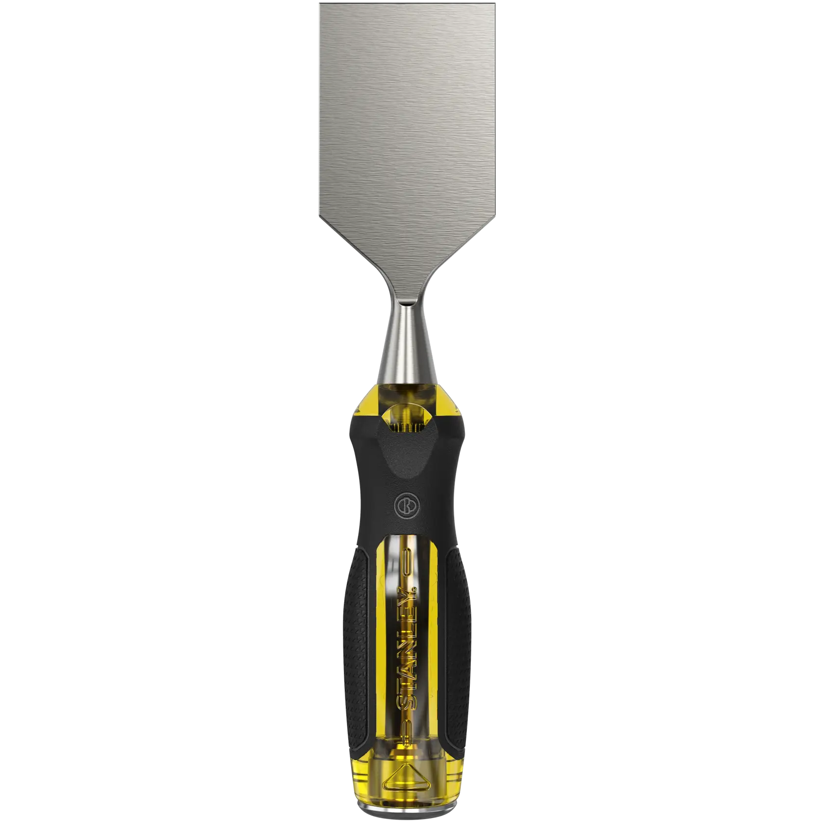 Stanley wood chisel with yellow and black handle, beveled steel blade, angled product shot on white background