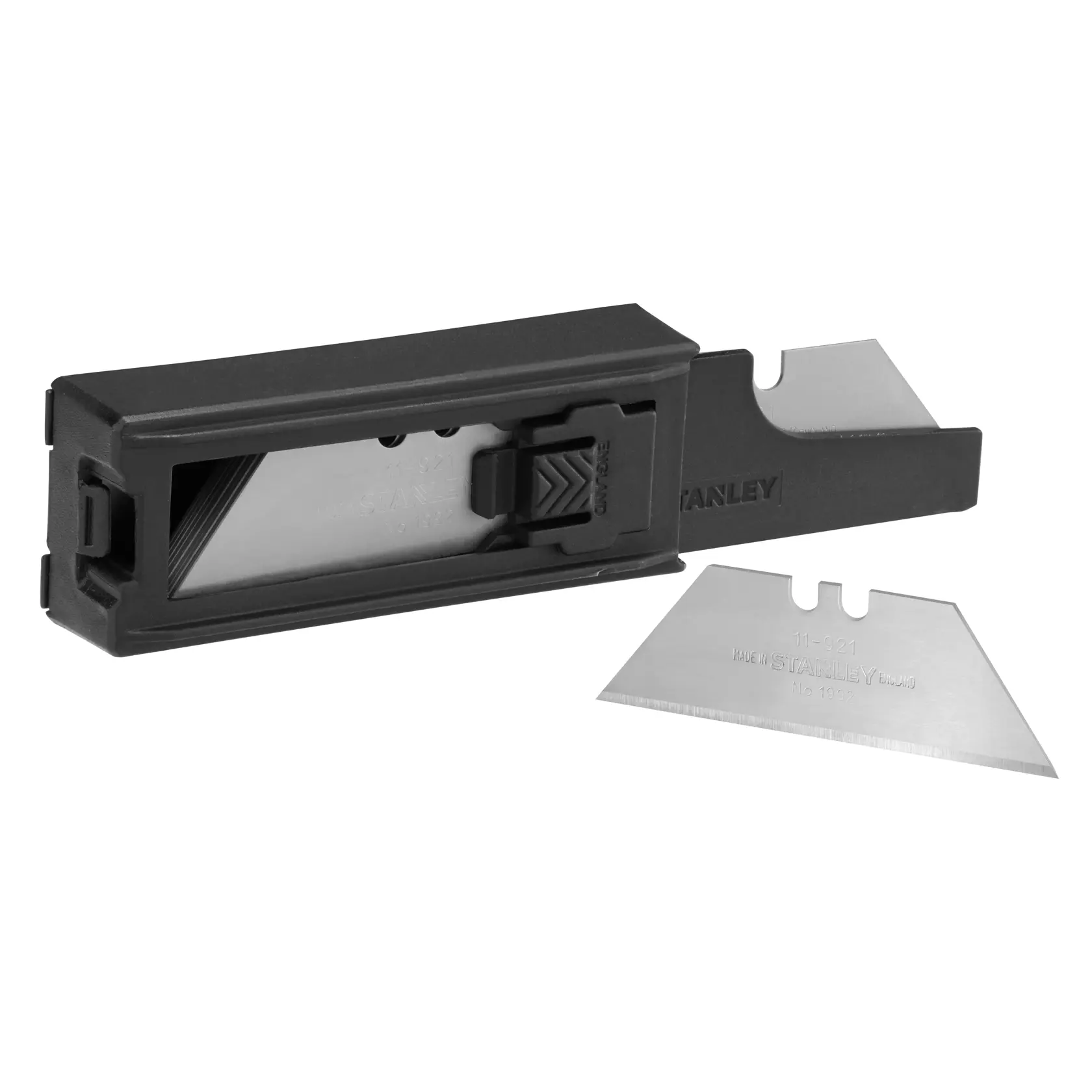 Stanley utility blades in a black dispenser, with one blade placed outside on a white background.