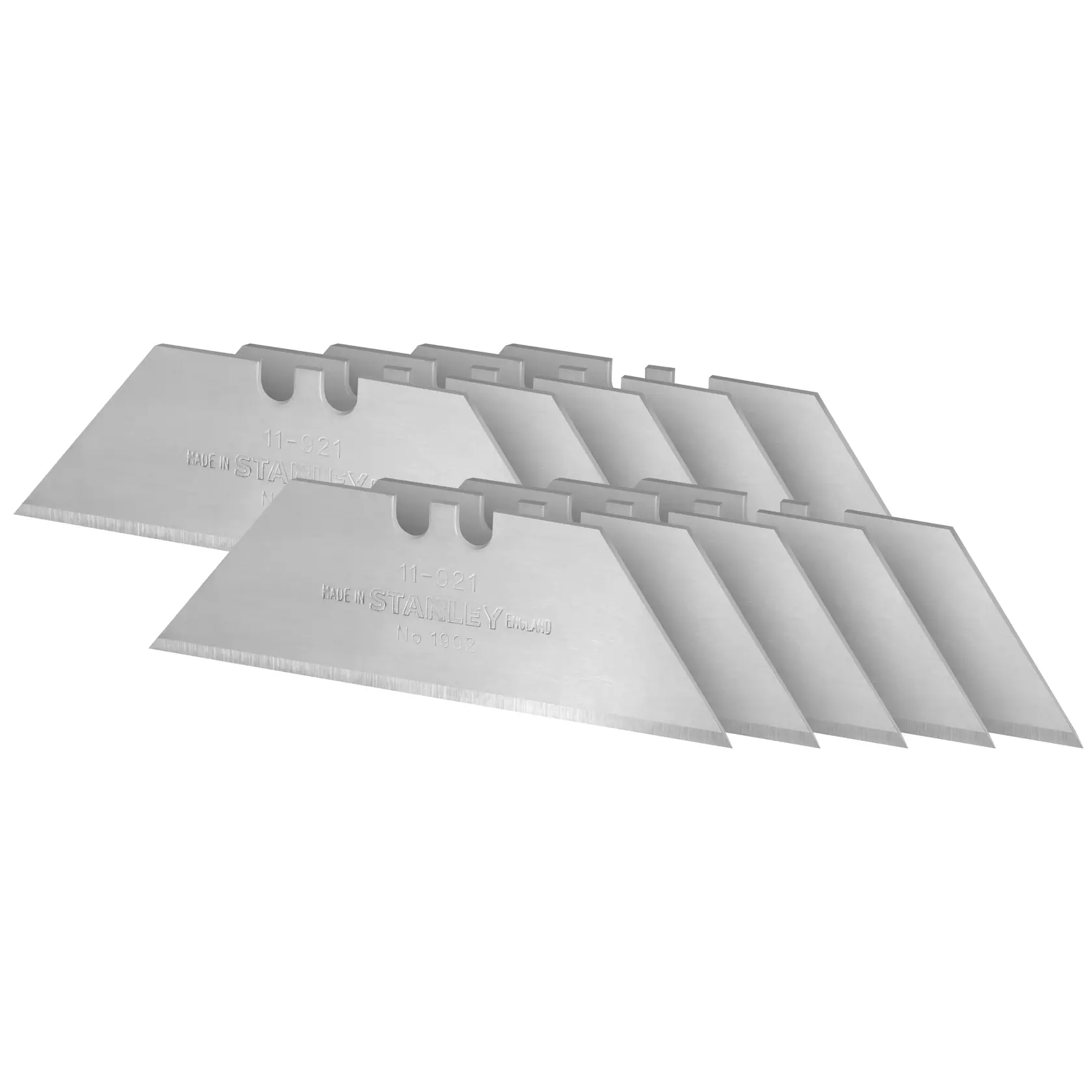 STANLEY 2-11-921 utility blades, silver color, angled photography of stacked cutter blades.