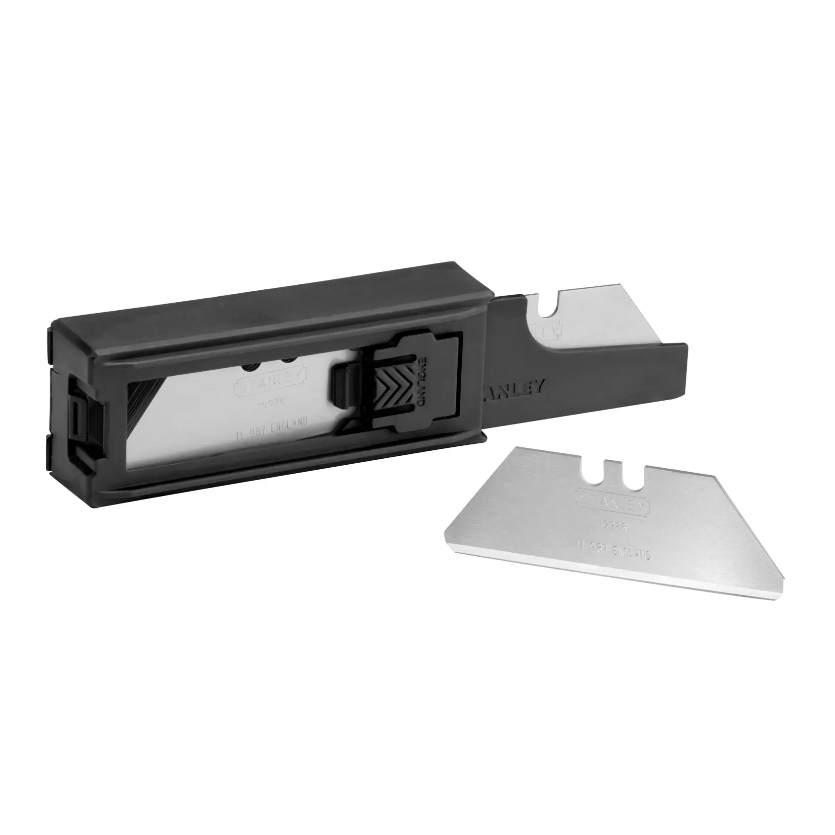 STANLEY 2-11-987 utility knife blades with black plastic dispenser and two loose trapezoid blades, front angle.