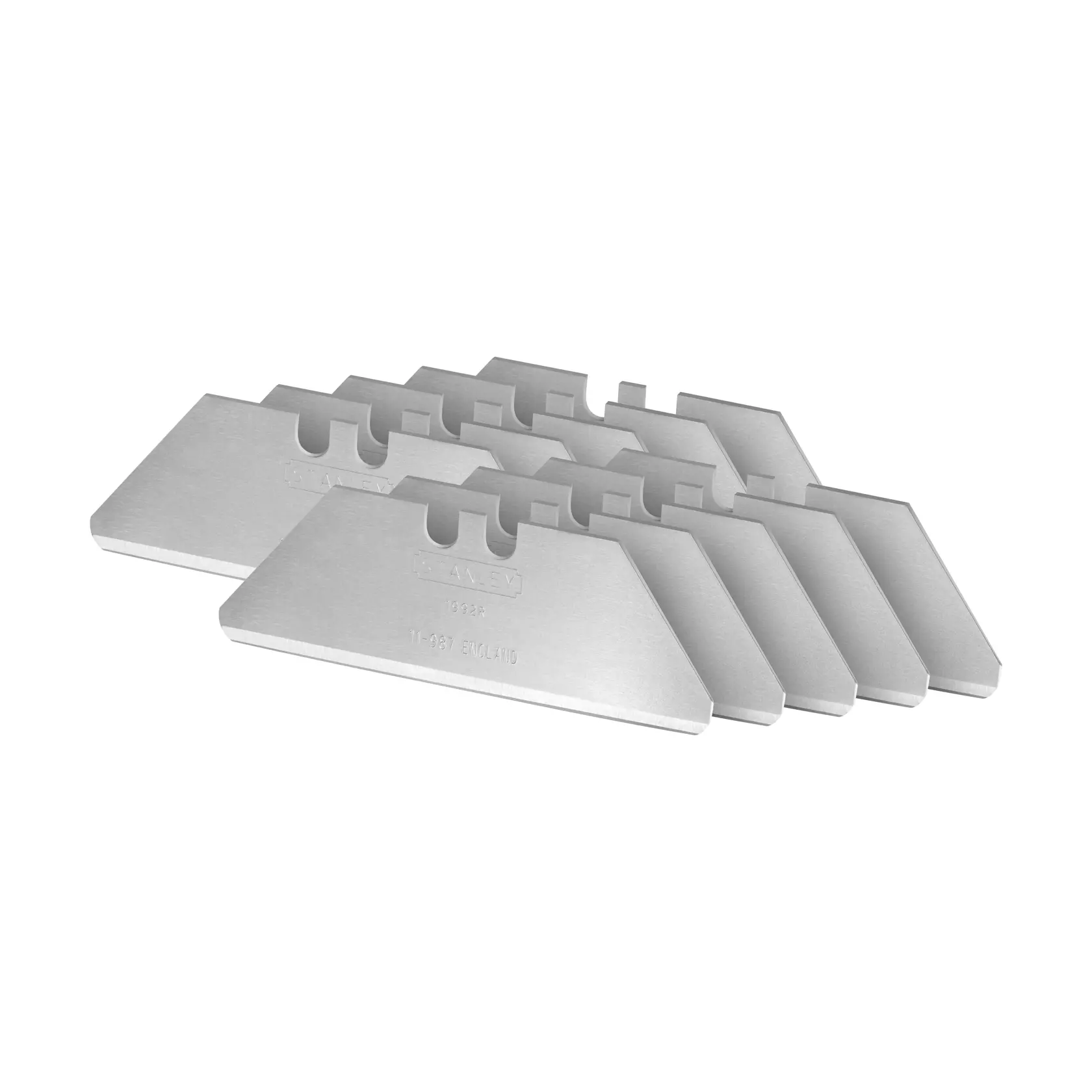 STANLEY 2-11-987 utility blades set, silver, angled view, product photography on white background.