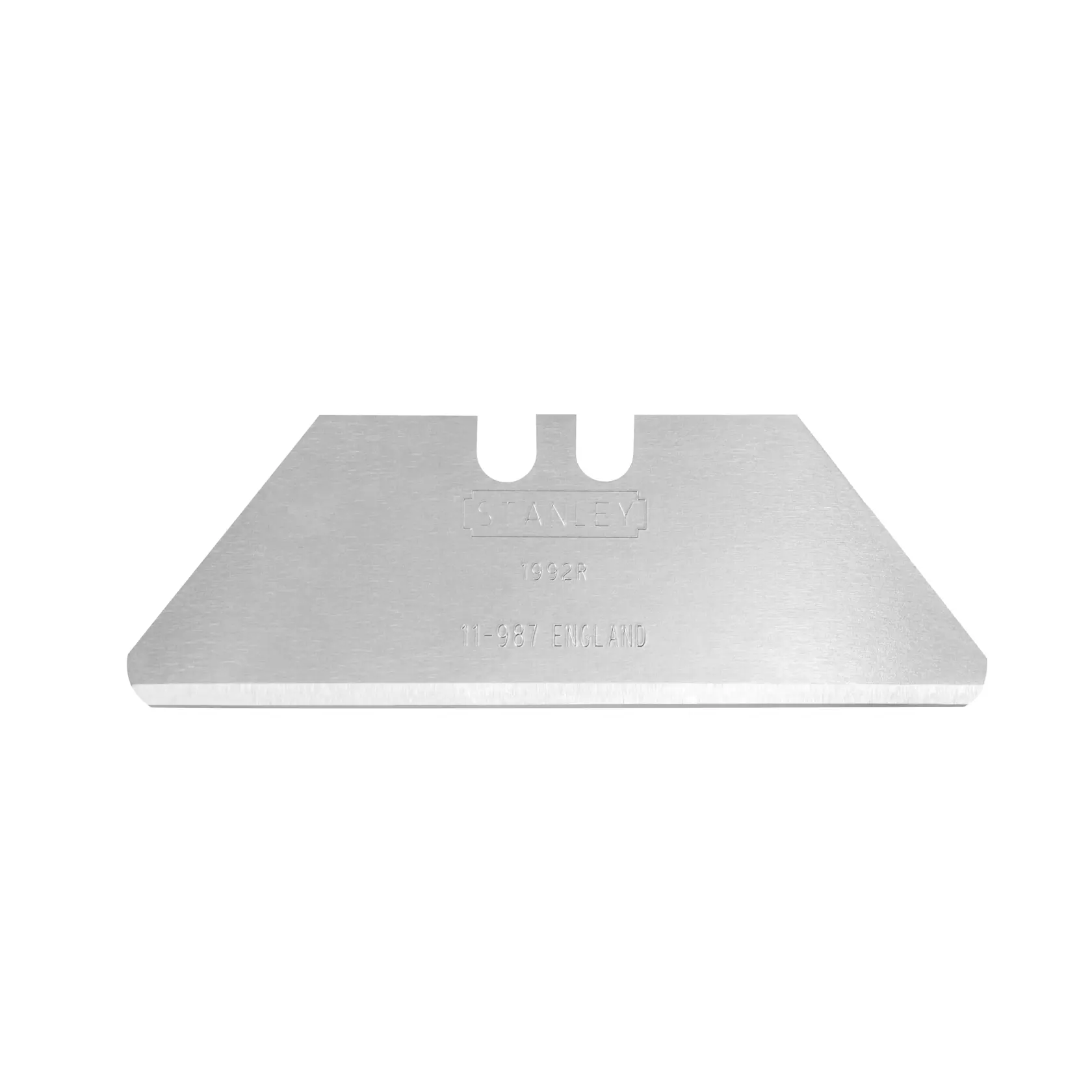 STANLEY 2-11-987 utility knife blade, silver metal, sharp edge, straight-on angle, white background.