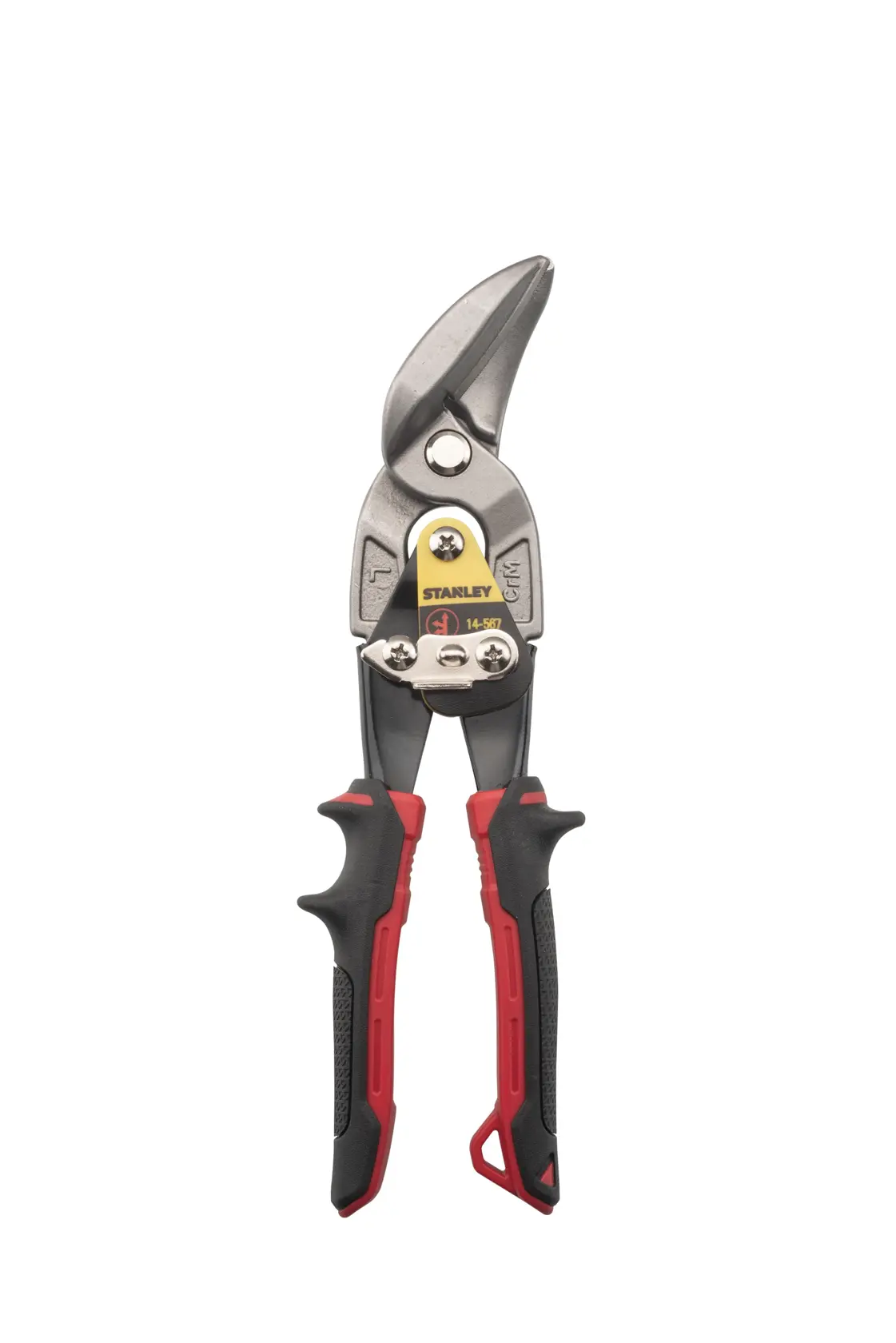 Photo of STANLEY 2-14-567 aviation snips with black and red handles, front view on white background.