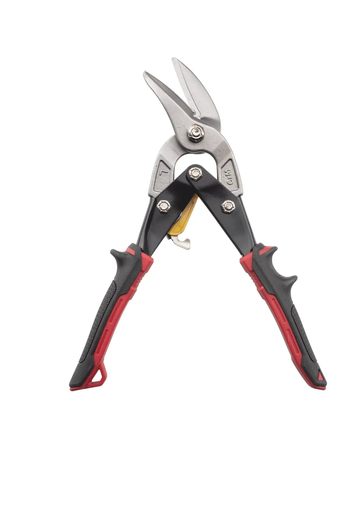 Stanley metal cutting snips with red and black handles, angled blades, shown on a white background.