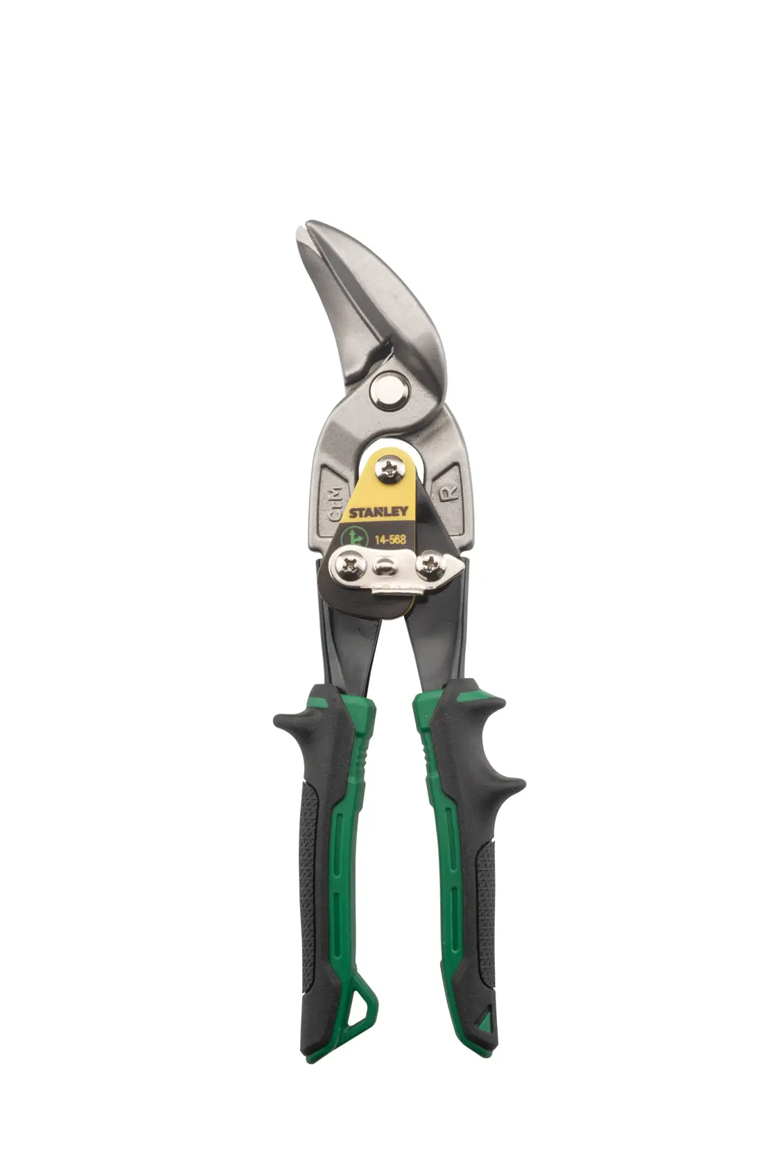Stanley FatMax aviation snips with black and green handles for cutting sheet metal.