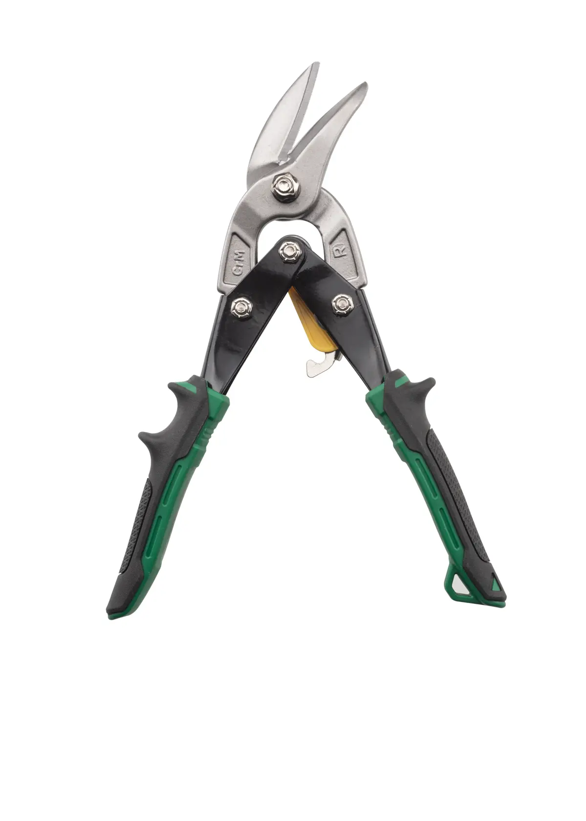 Stanley FatMax green-handled aviation snips for cutting metal, shown on a white background.