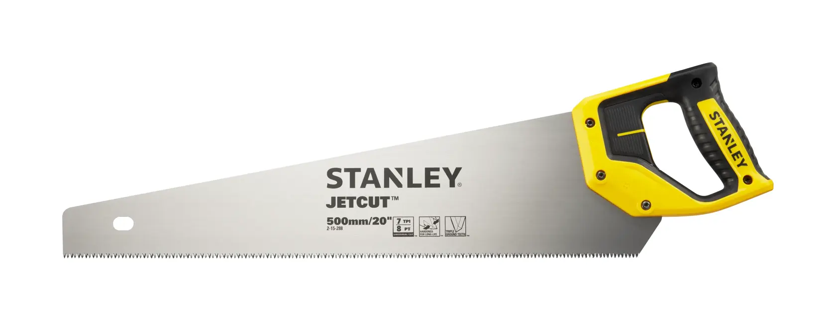 STANLEY 2-15-288 hand saw with yellow and black handle, side view on white background.