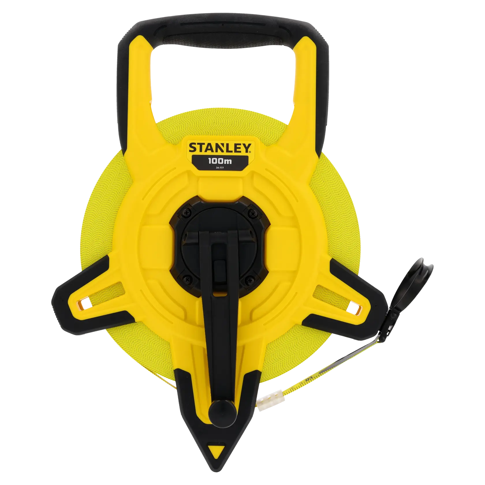 STANLEY 2-34-777 open reel yellow and black 100m measuring tape, front view on white background.
