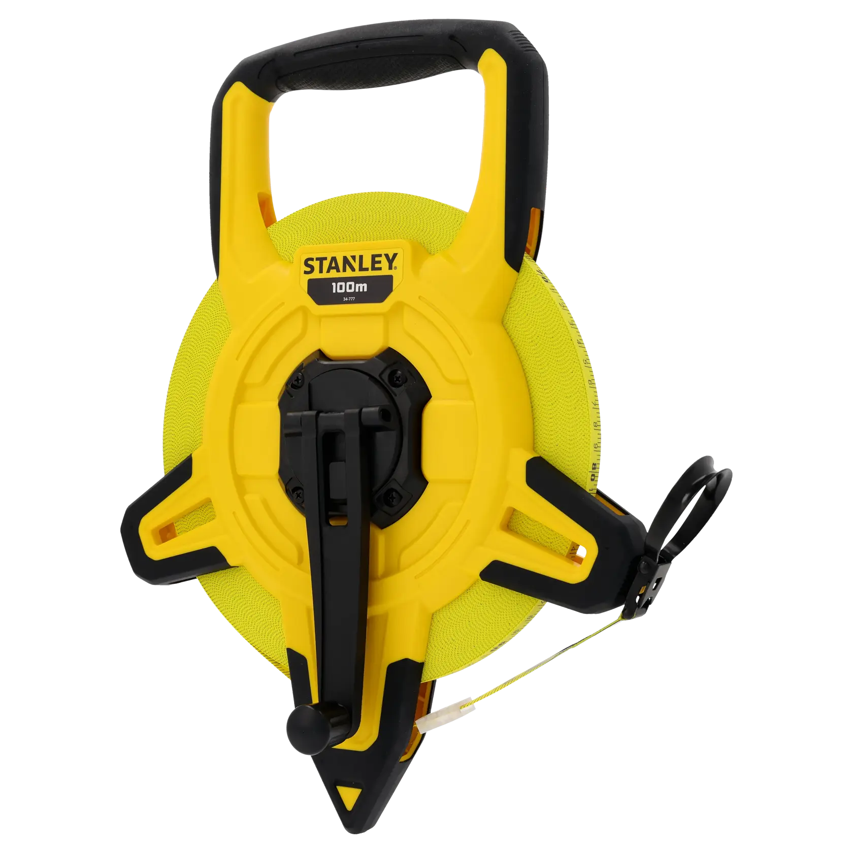 STANLEY 2-34-777 open reel yellow and black 100m measuring tape, photography, front angle on white background.