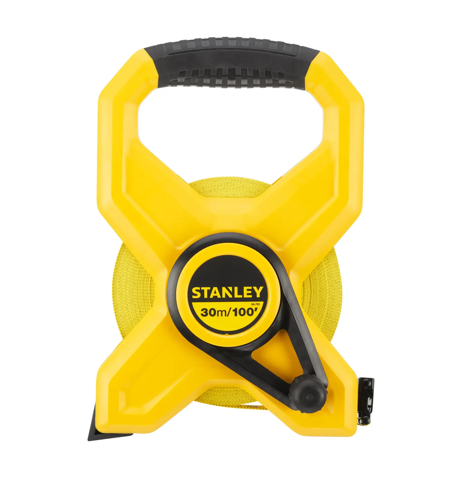 Photo of STANLEY 2-34-791 open reel yellow measuring tape, 30m length, front view on white background.