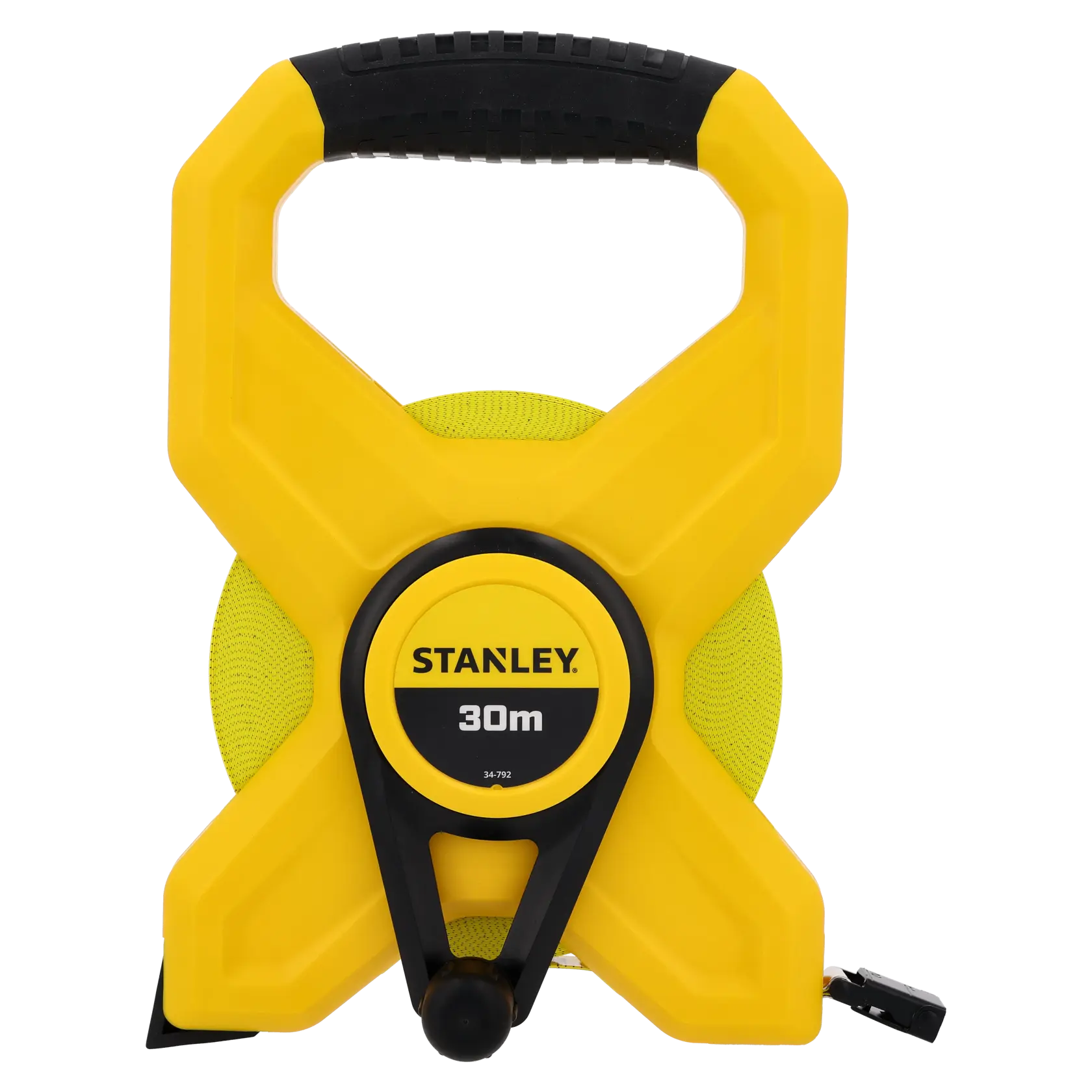 STANLEY 2-34-792 yellow and black 30m open reel measuring tape, front angle on white background.