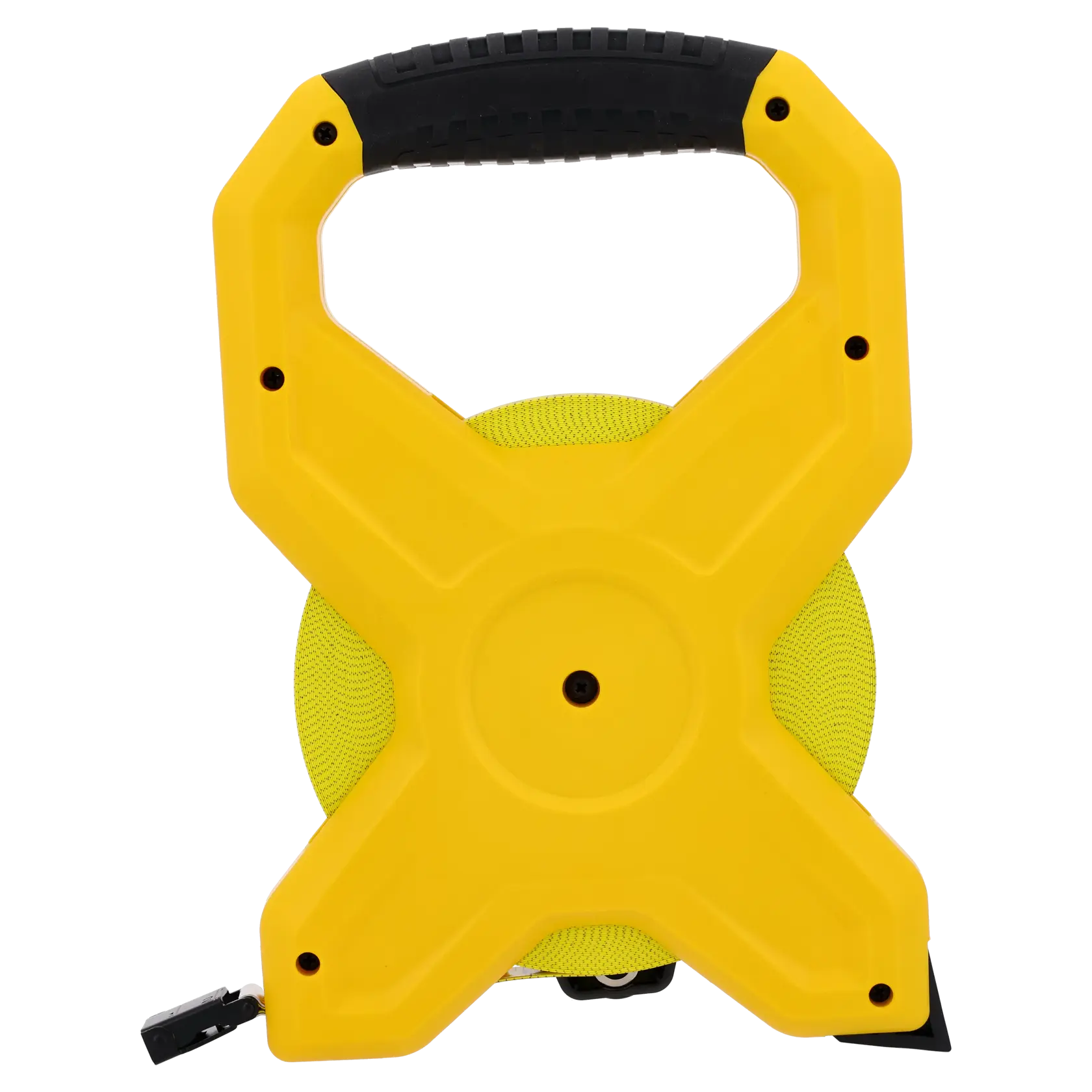 STANLEY 2-34-792 measuring tape with yellow casing and black handle, front angle on white background.