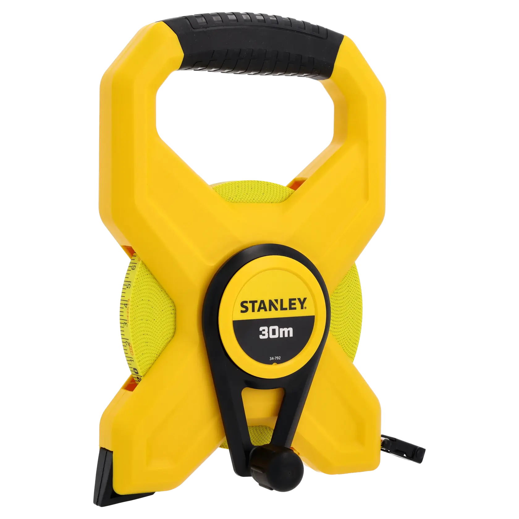 STANLEY 2-34-792 30 meter yellow open reel tape measure, front angle on white background.