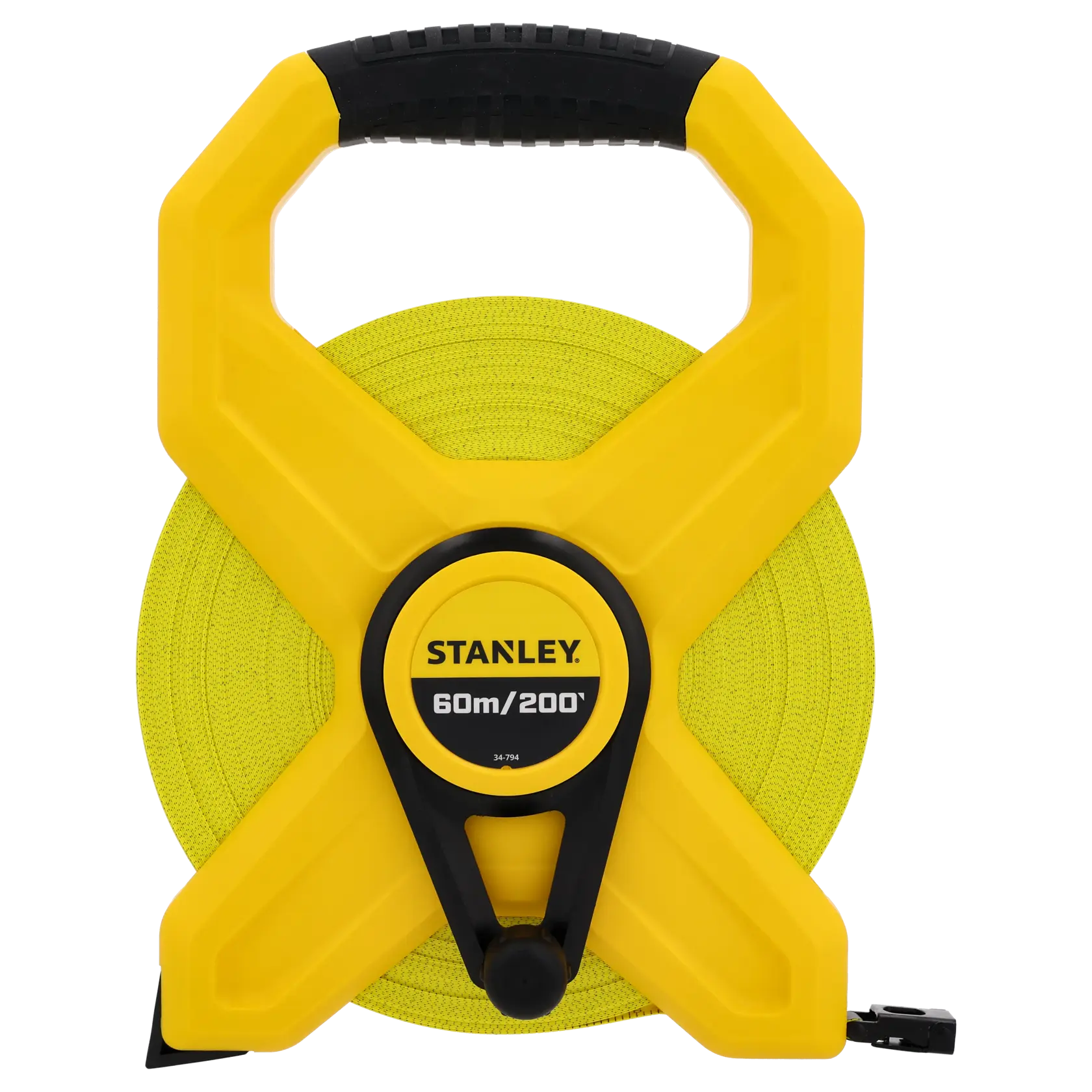 STANLEY 2-34-794 open reel measuring tape, 60m, yellow case, black handle, product front view on white background.