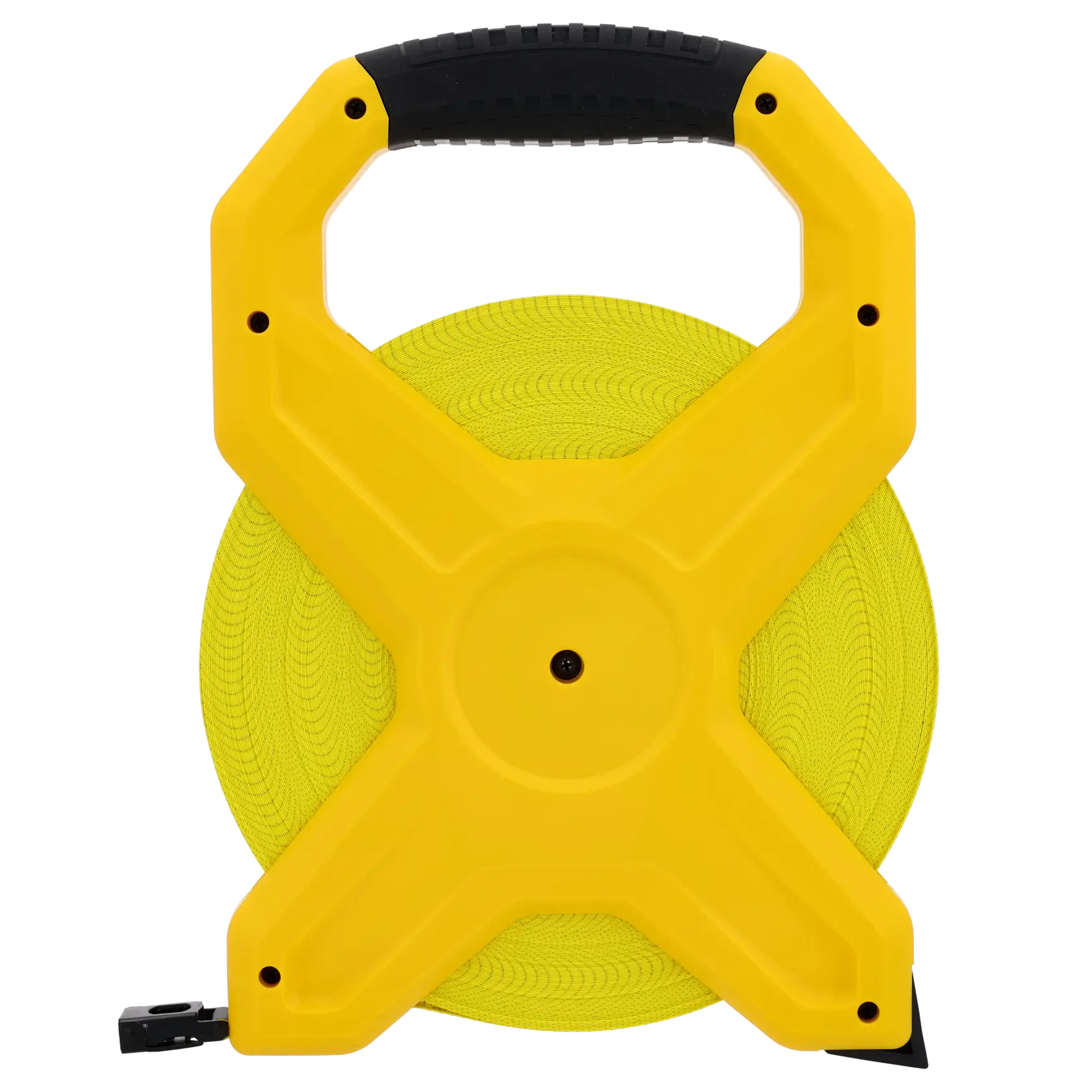 STANLEY 2-34-794 open reel long tape measure with yellow casing and black handle, front angle.