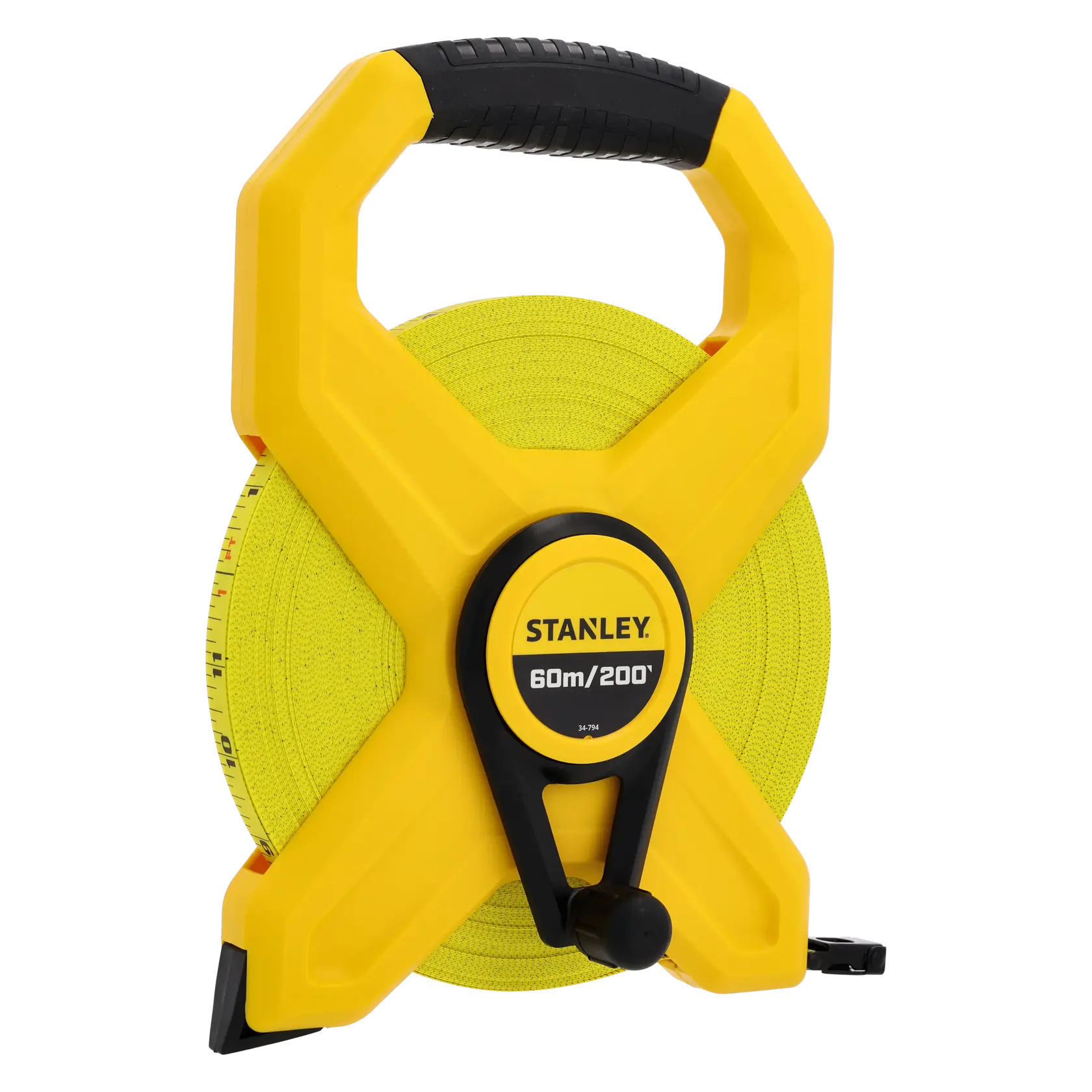 STANLEY 2-34-794 yellow and black open reel measuring tape, 60m length, product shown on white background, front angle.