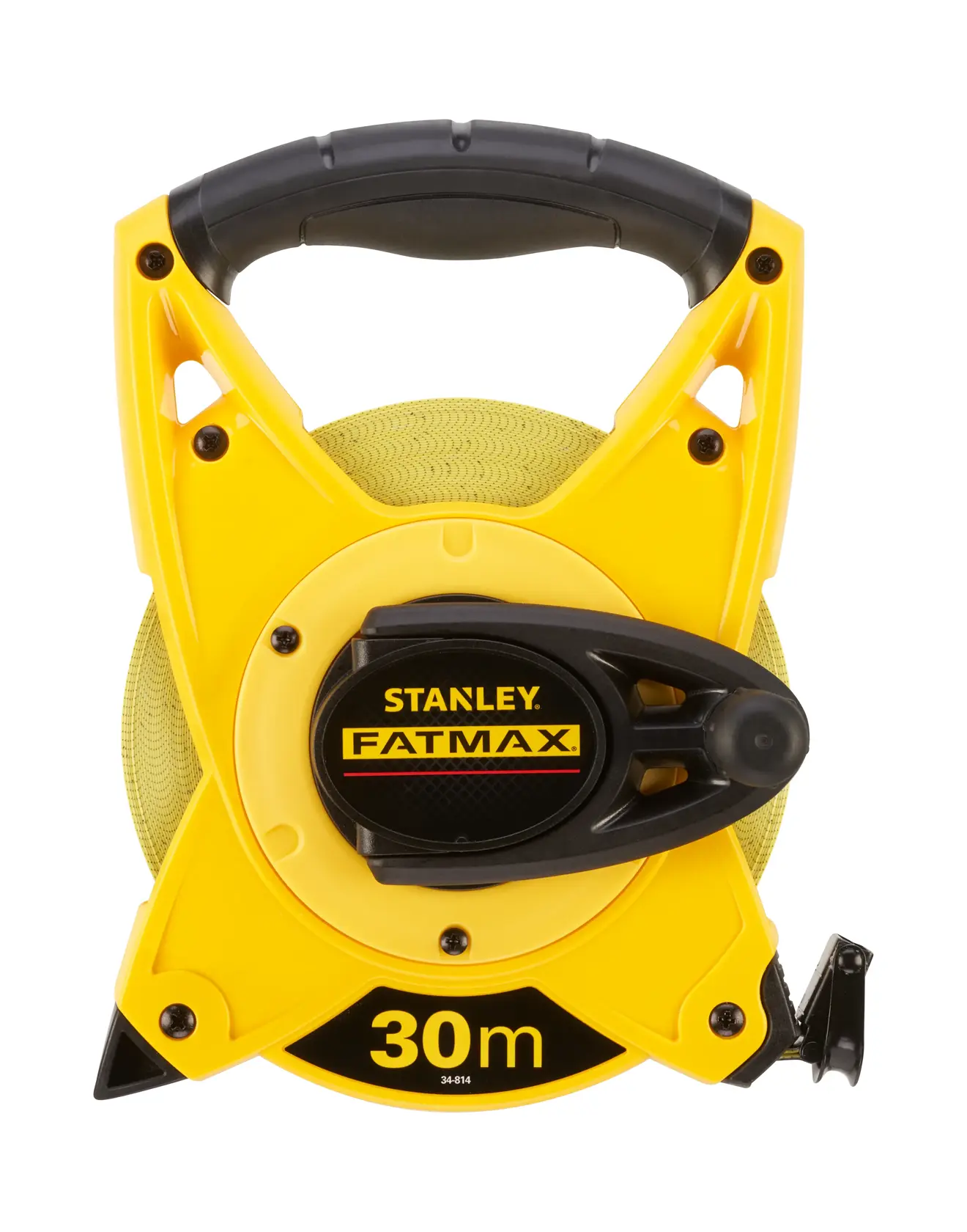 Stanley 2-34-814 FatMax 30m measuring tape, yellow and black, front angle, photography product.