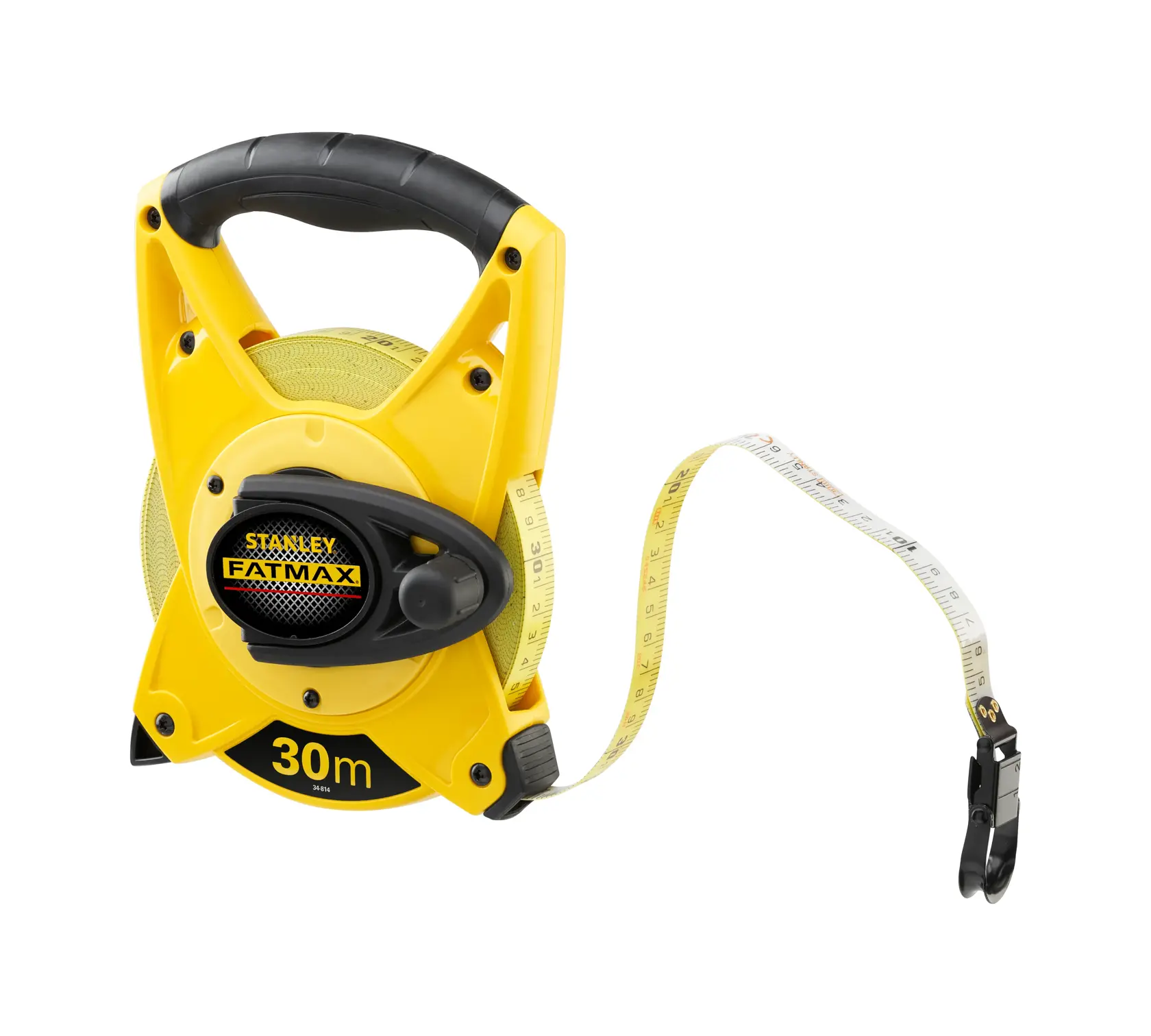 Stanley 2-34-814 open reel tape measure, yellow and black, 30m length, front angle photo.