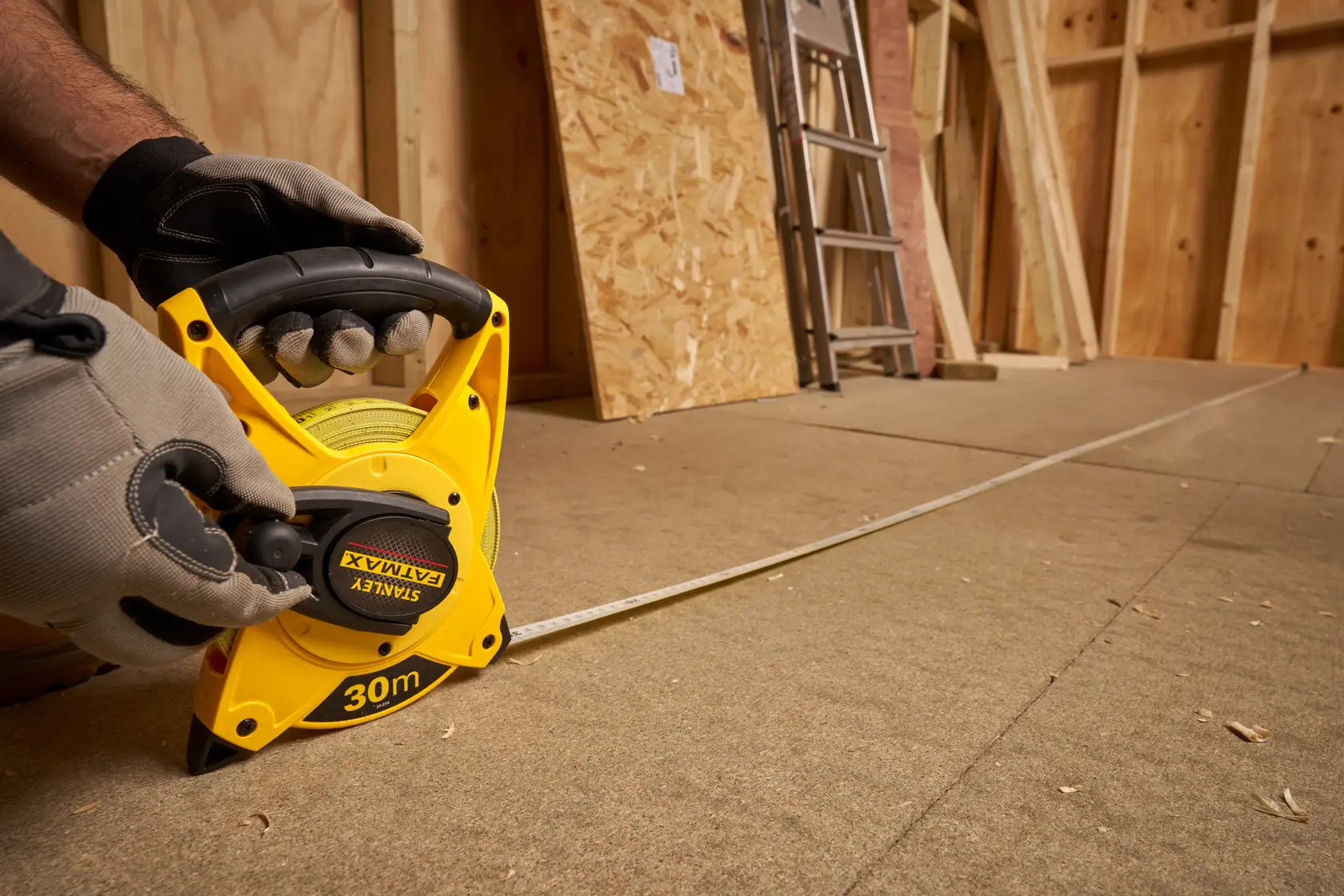 STANLEY 2-34-814 measuring tape, 30m, on building site floor with gloves holding handle, side angle.