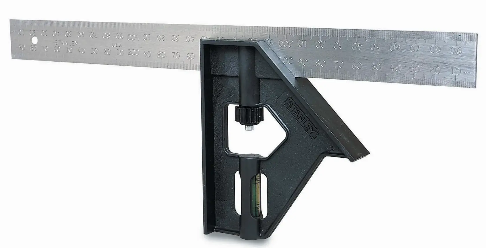 Stanley combination square with metal ruler and black handle for measuring and marking angles.