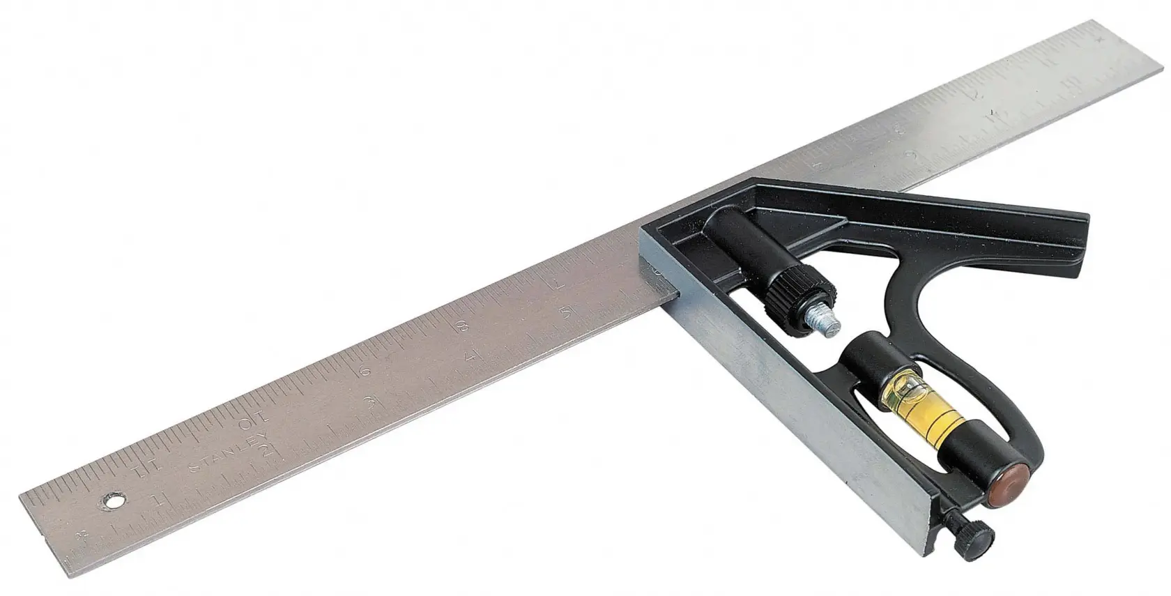 STANLEY 2-46-222 combination square with spirit level, metal ruler, product side view, white background.
