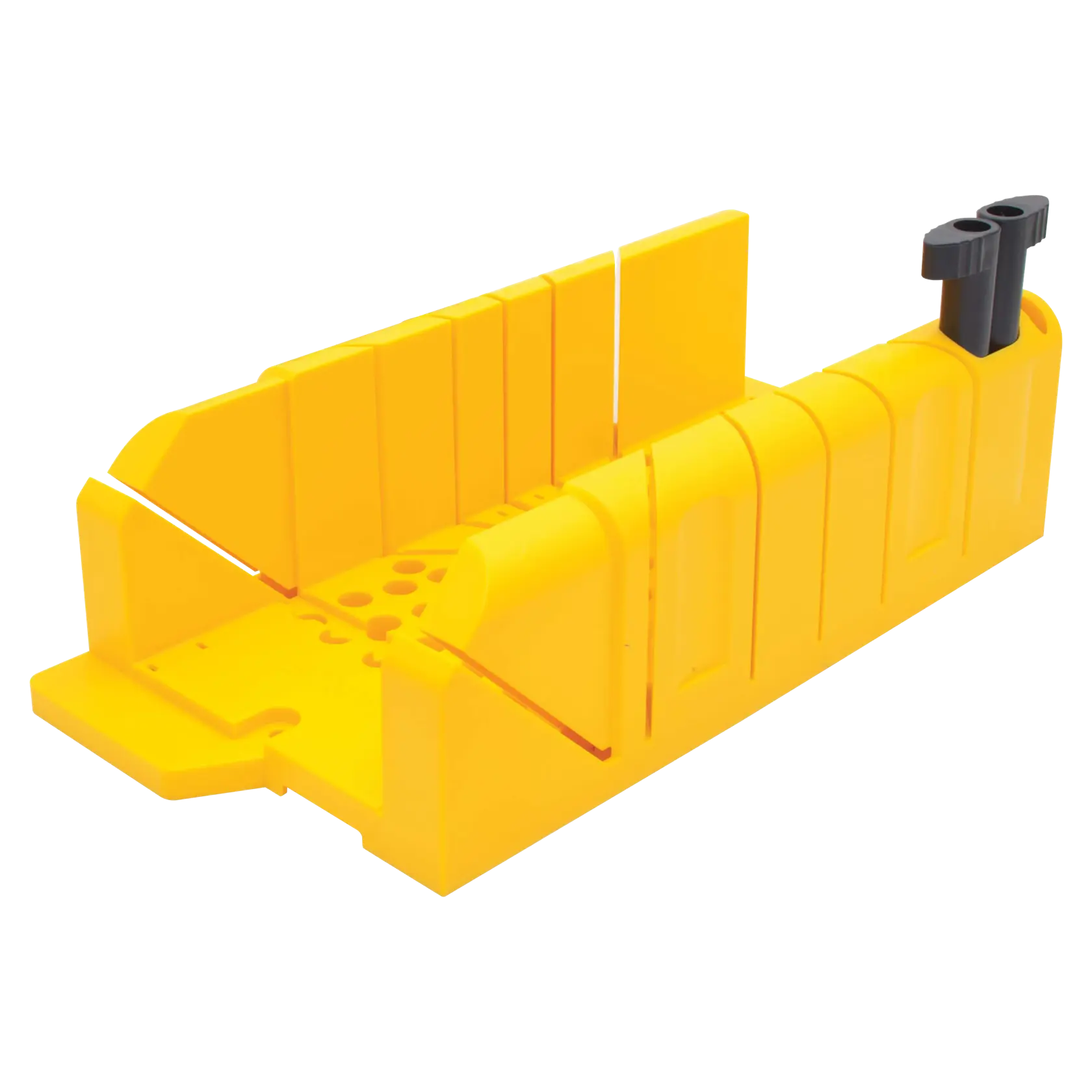 Stanley yellow plastic miter box with angled slots and black clamp, front angled view, white background