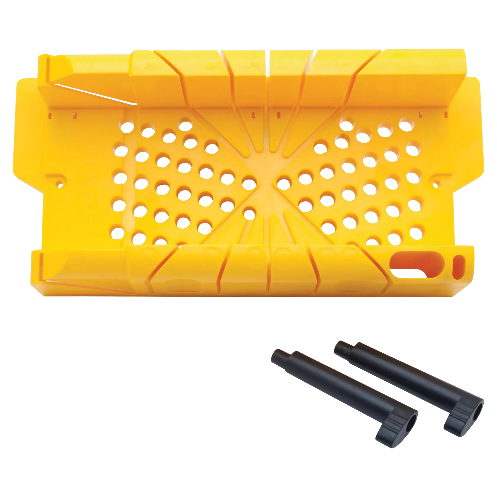 Stanley yellow plastic miter box with perforated base, two black saw guides, top-down view