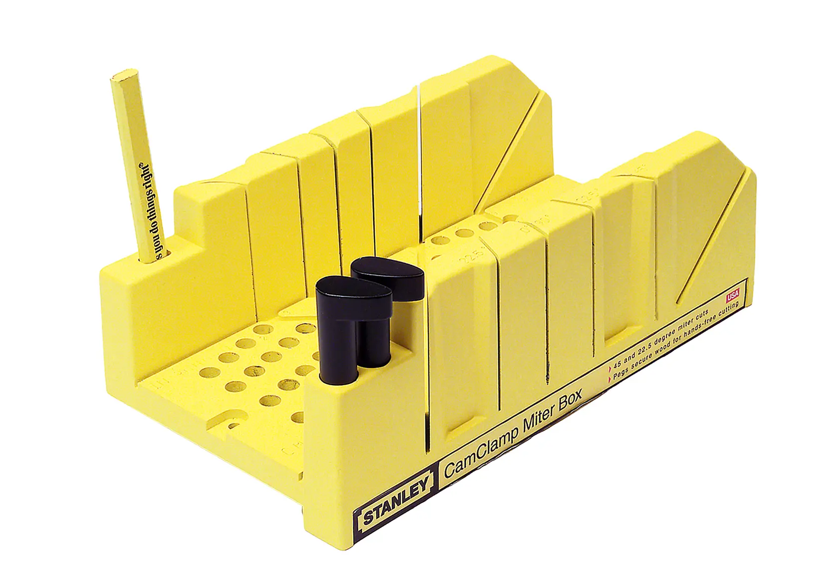 Stanley yellow cam clamp miter box shown at front angle, with black pegs and multiple angled cutting slots.