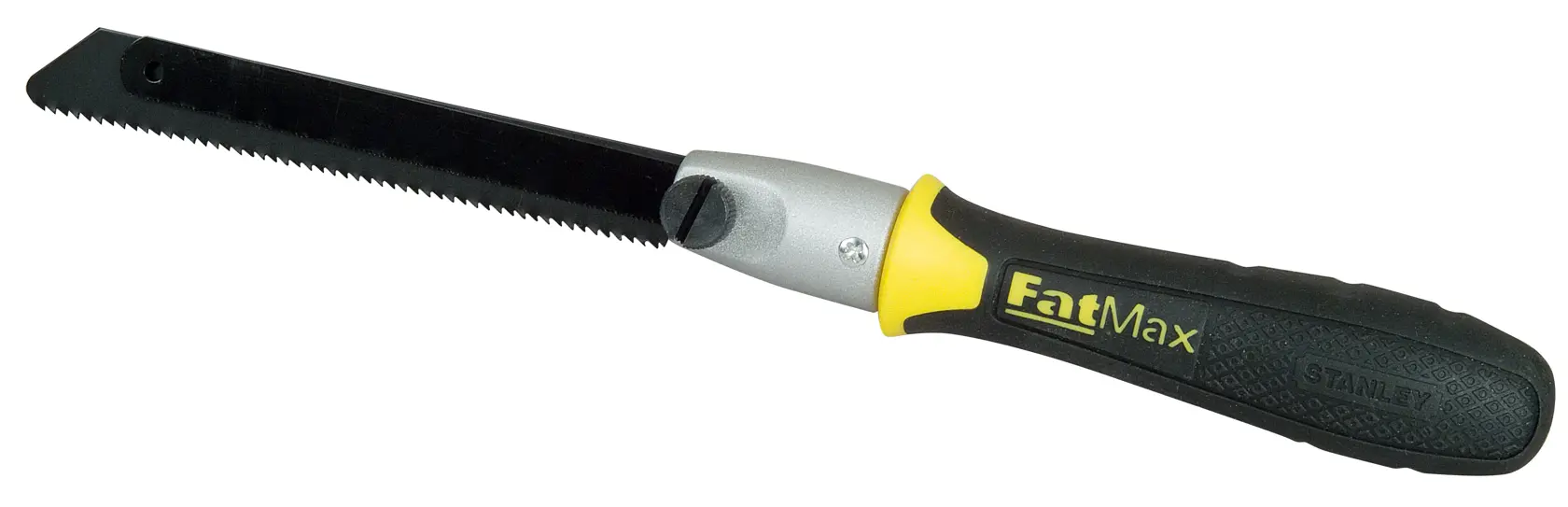 Stanley FatMax jab saw side view, black and yellow handle, serrated blade, white background