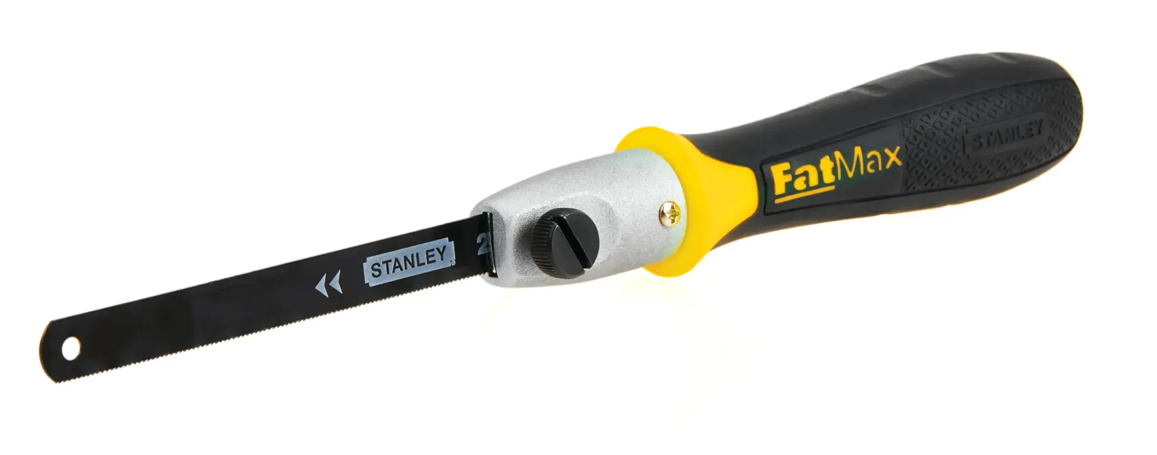 Stanley FatMax keyhole saw side view with black blade, yellow and black handle on white background