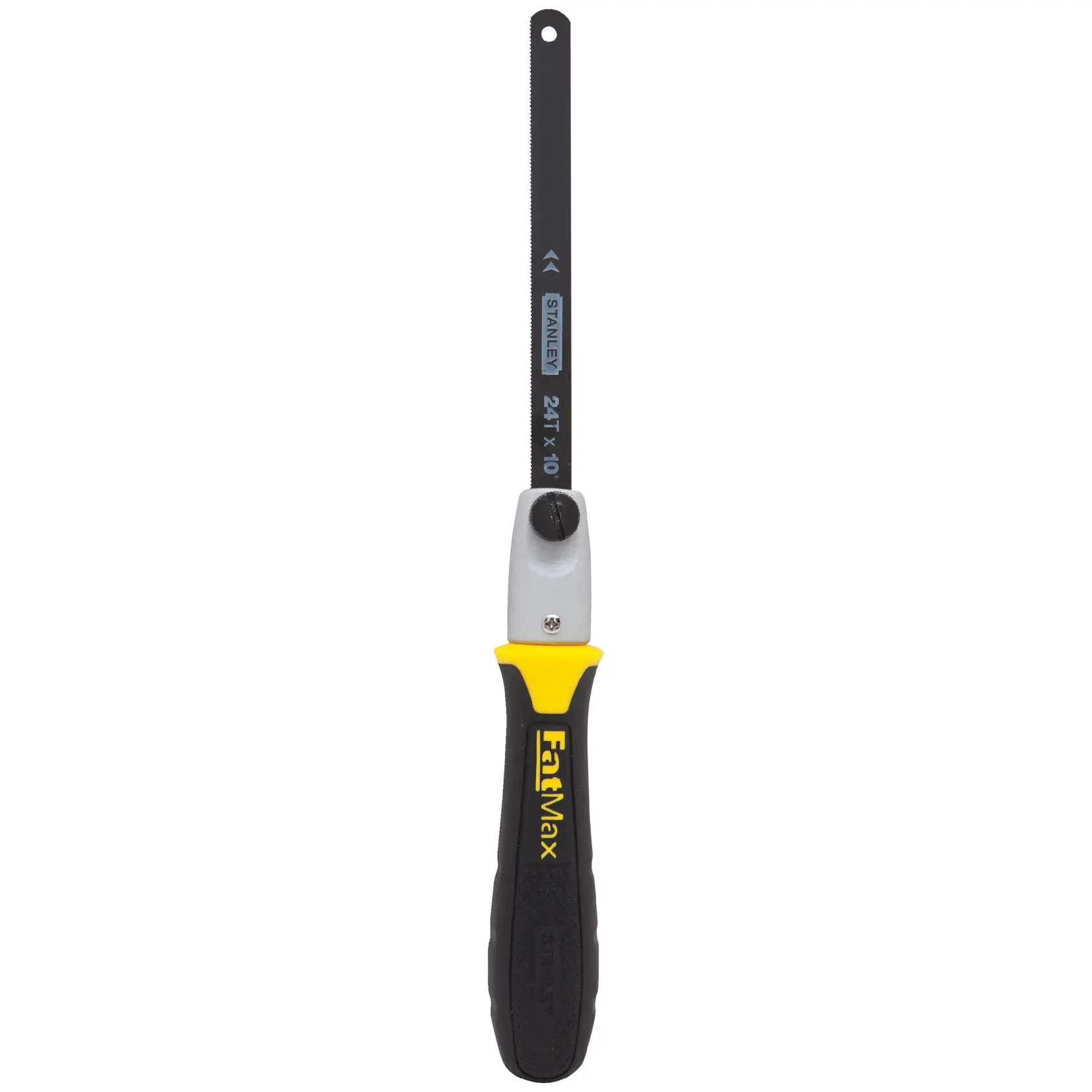 STANLEY 20-220 hand saw, FatMax branding, black and yellow handle, straight-on view on white background.