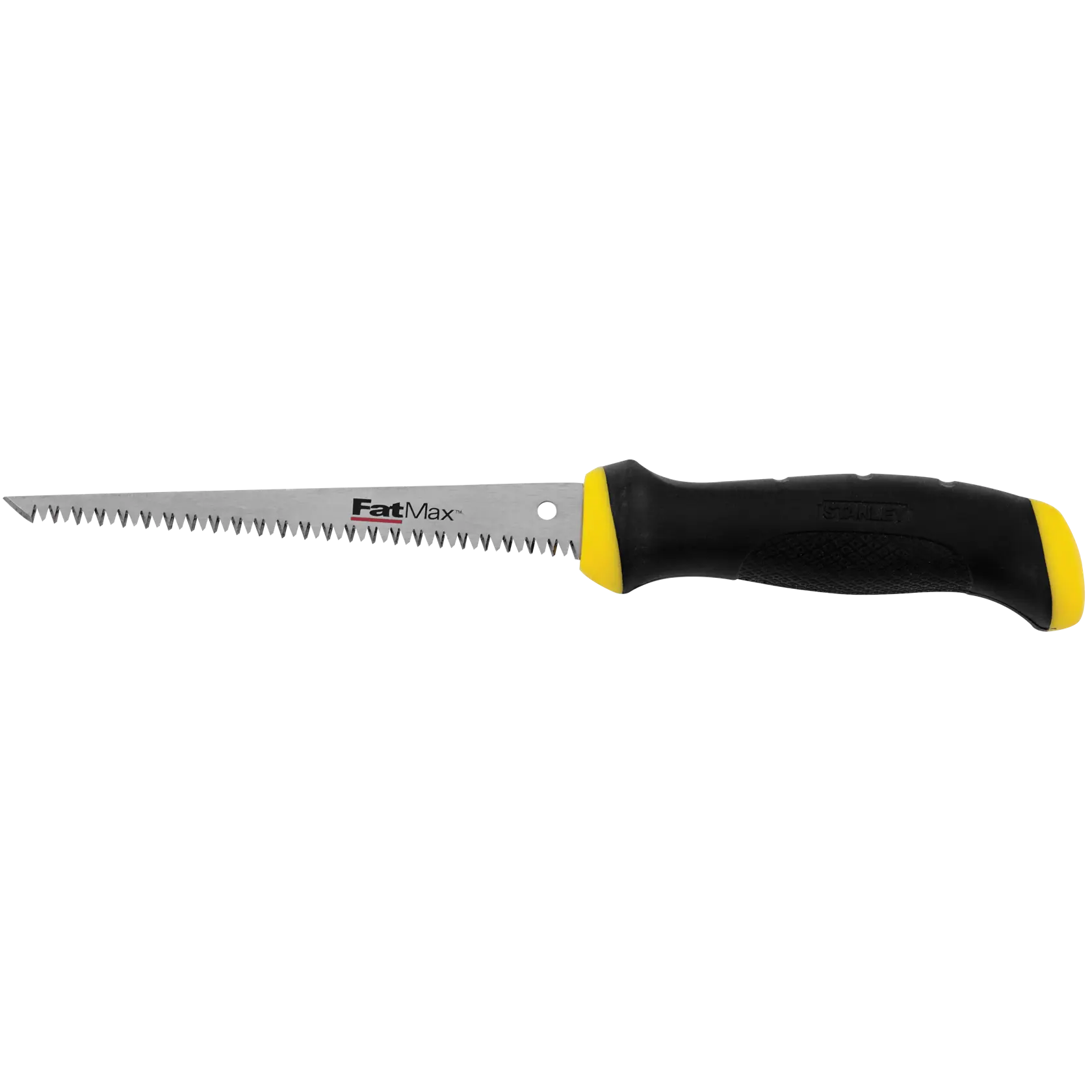 STANLEY FatMax jab saw with black and yellow ergonomic handle, side view on white background.