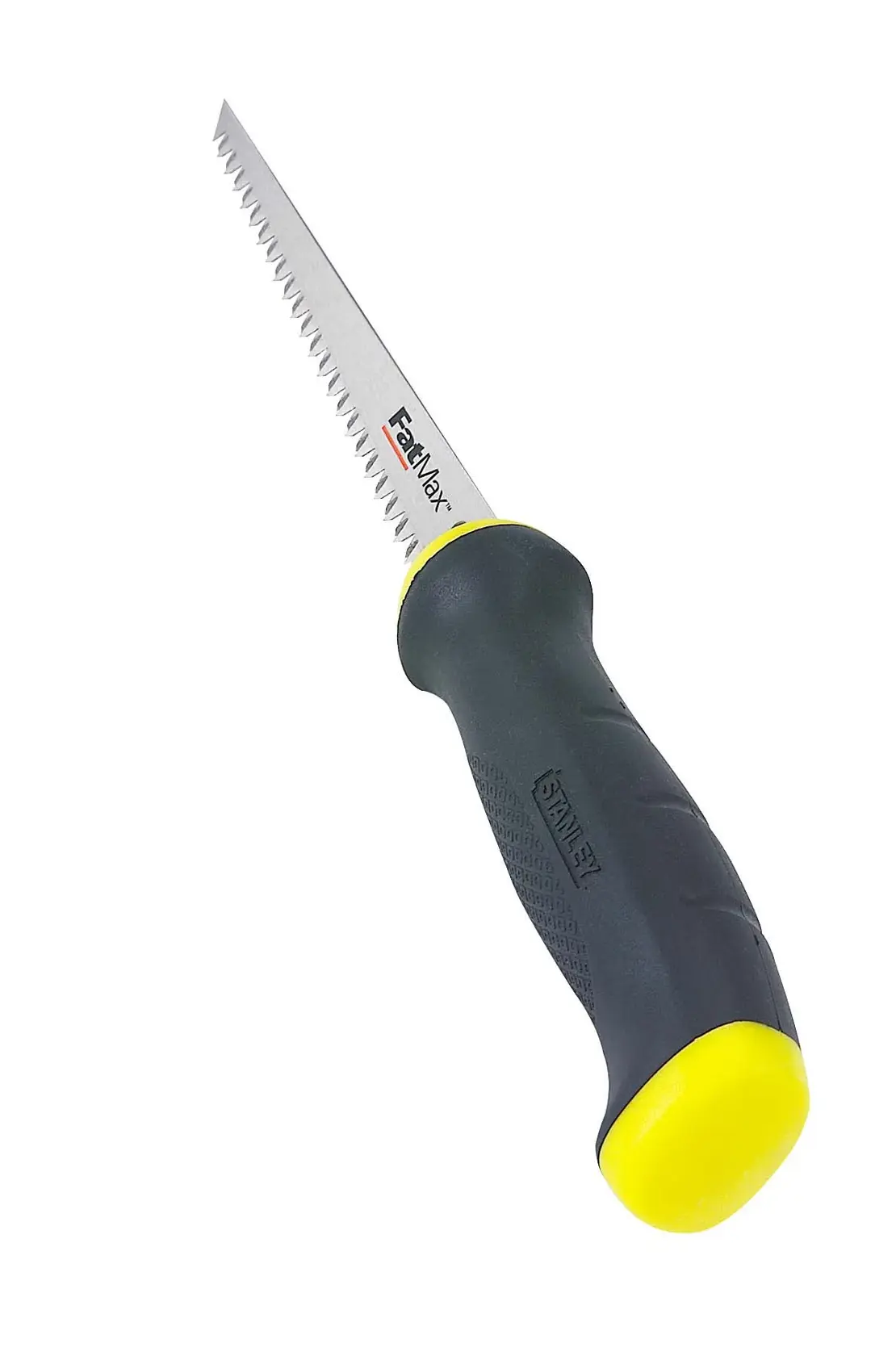 STANLEY 20-556 hand saw with black and yellow handle, side angle on white background.