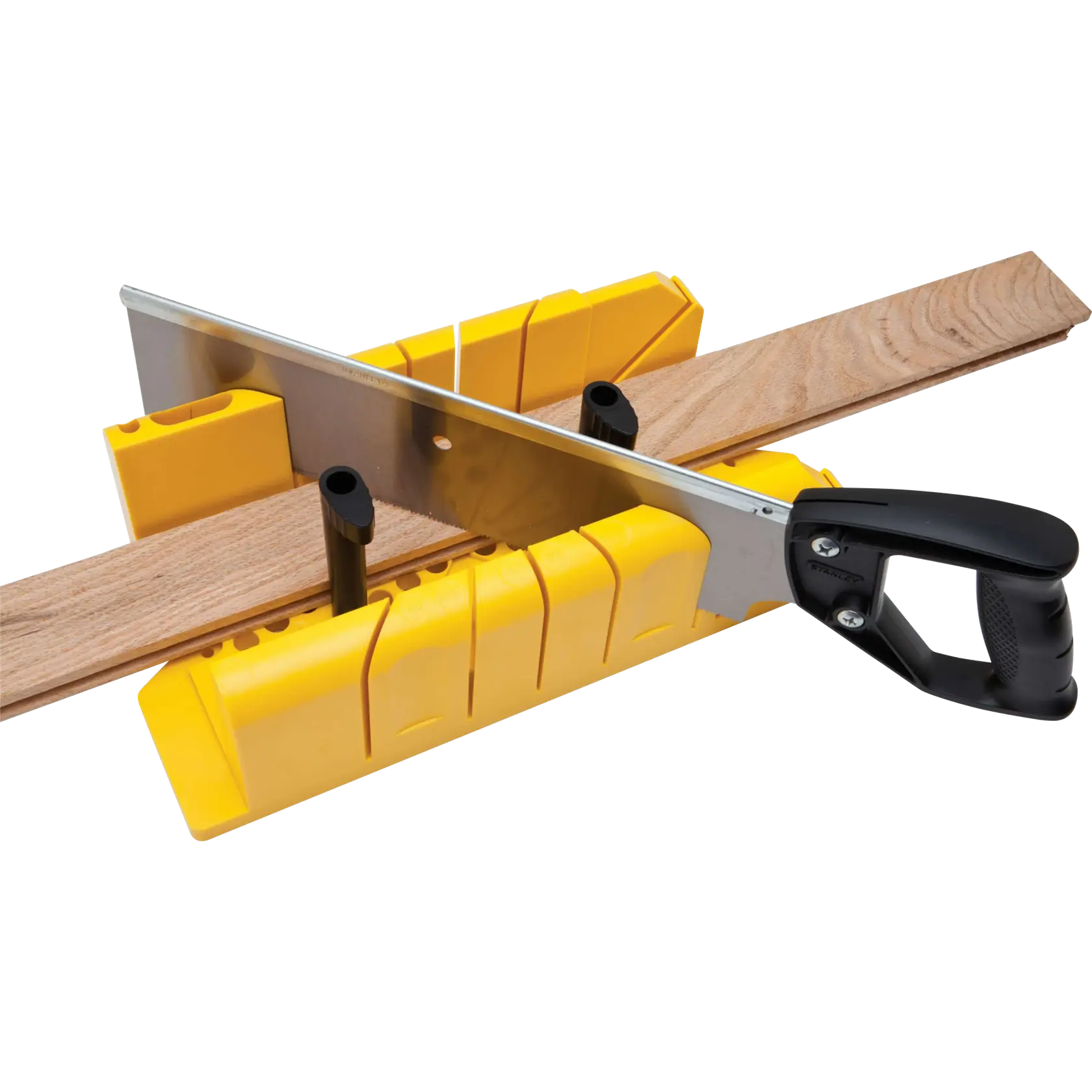 Stanley miter box and saw, yellow plastic with black handle, cutting wood, top angle, photography
