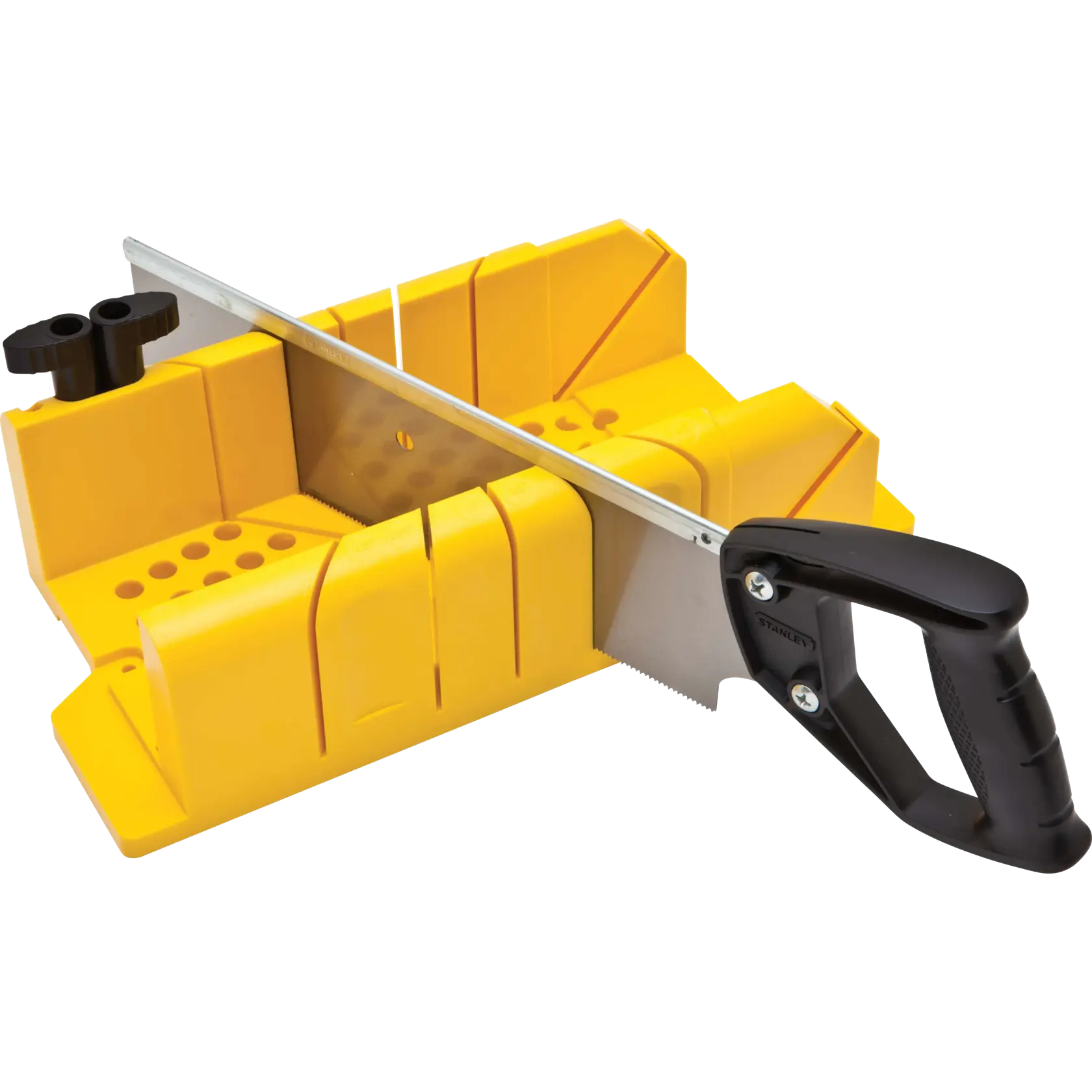 STANLEY yellow plastic miter box with saw, black handle and adjustable pins, three-quarter angle on white background