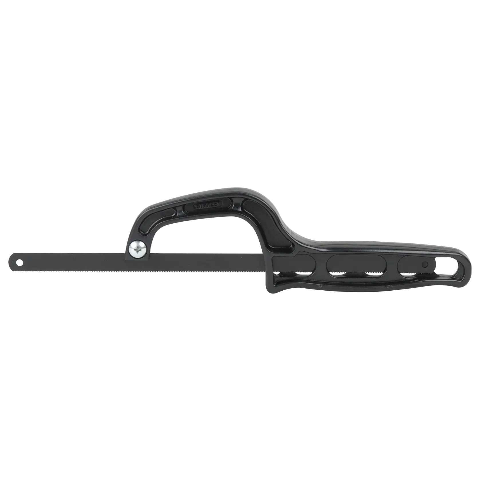 STANLEY 20-807 hacksaw with black plastic ergonomic handle, side view on white background.