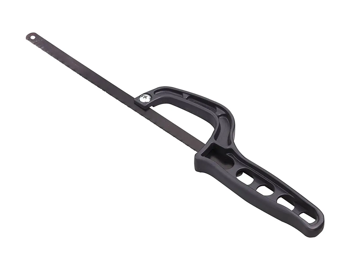 Stanley hacksaw with black ergonomic handle, side view, isolated on white background