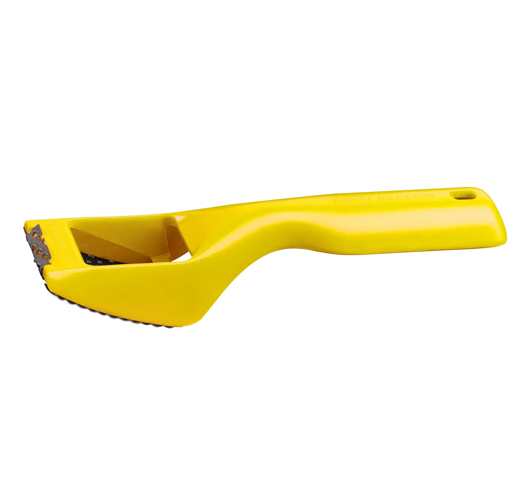 STANLEY 21-115 yellow Surform shaver tool, side angle, with plastic handle and metal blade.
