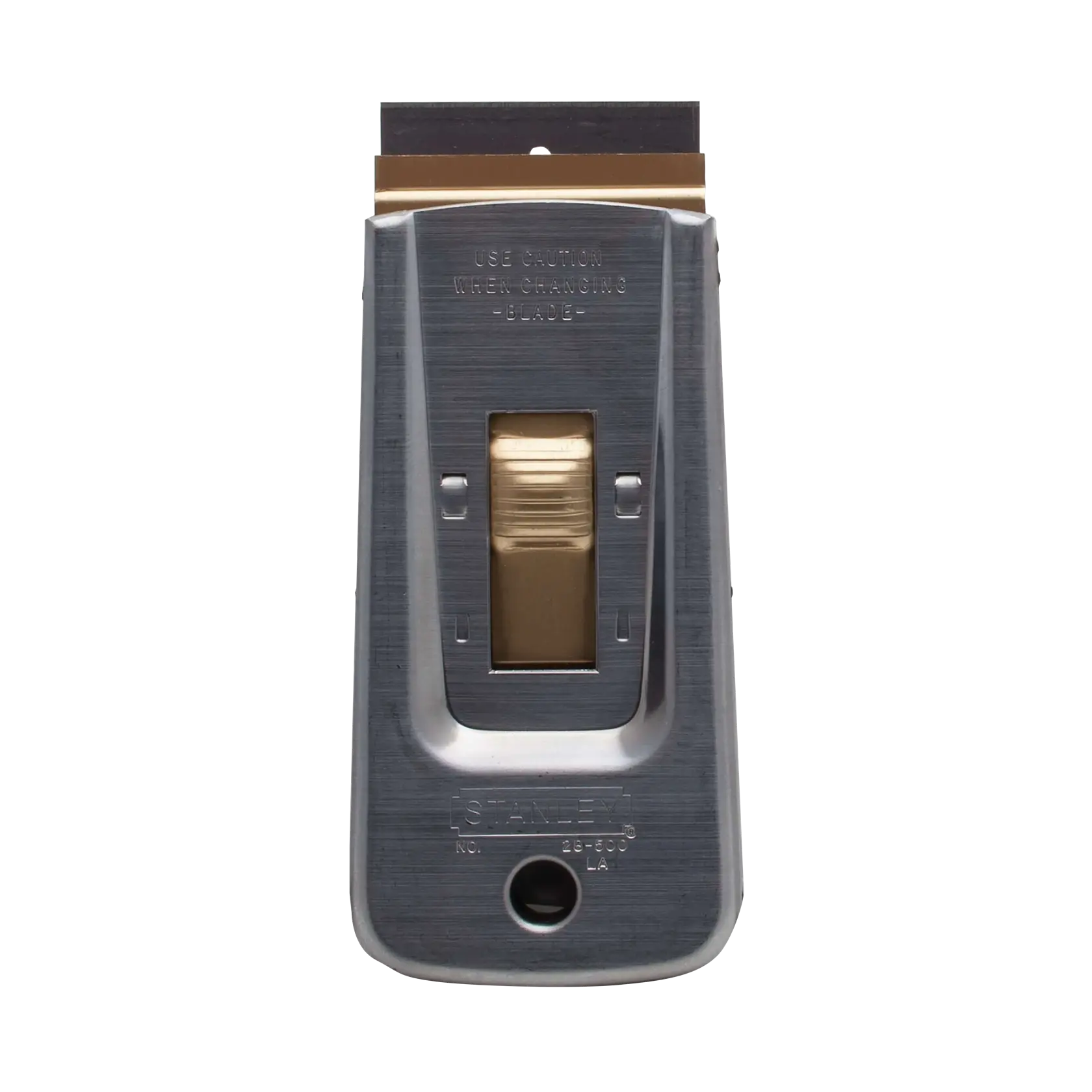 Stanley metal razor blade scraper with gold slider, front shot on white background