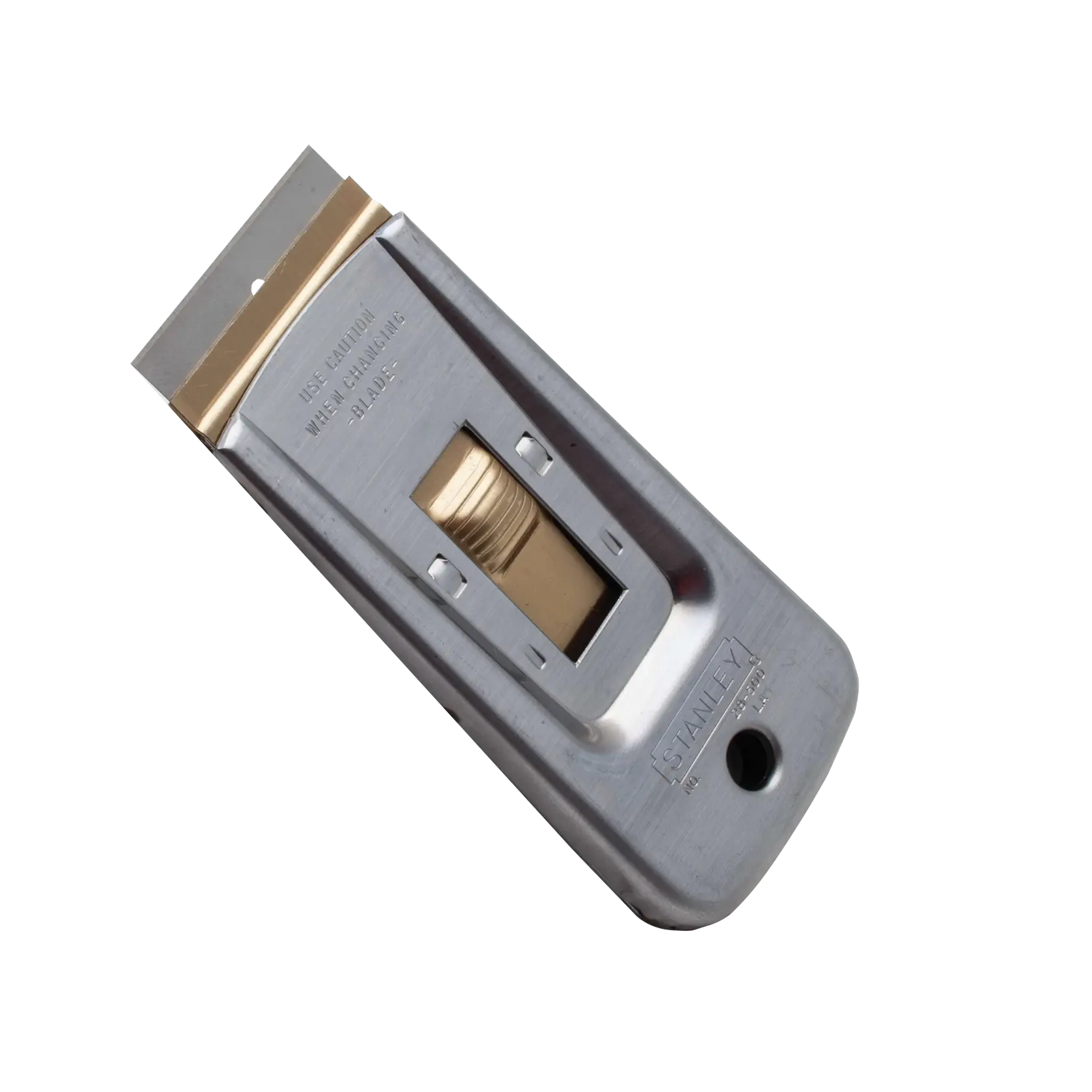 Stanley metal razor blade scraper with gold slider, top angled product shot on white background