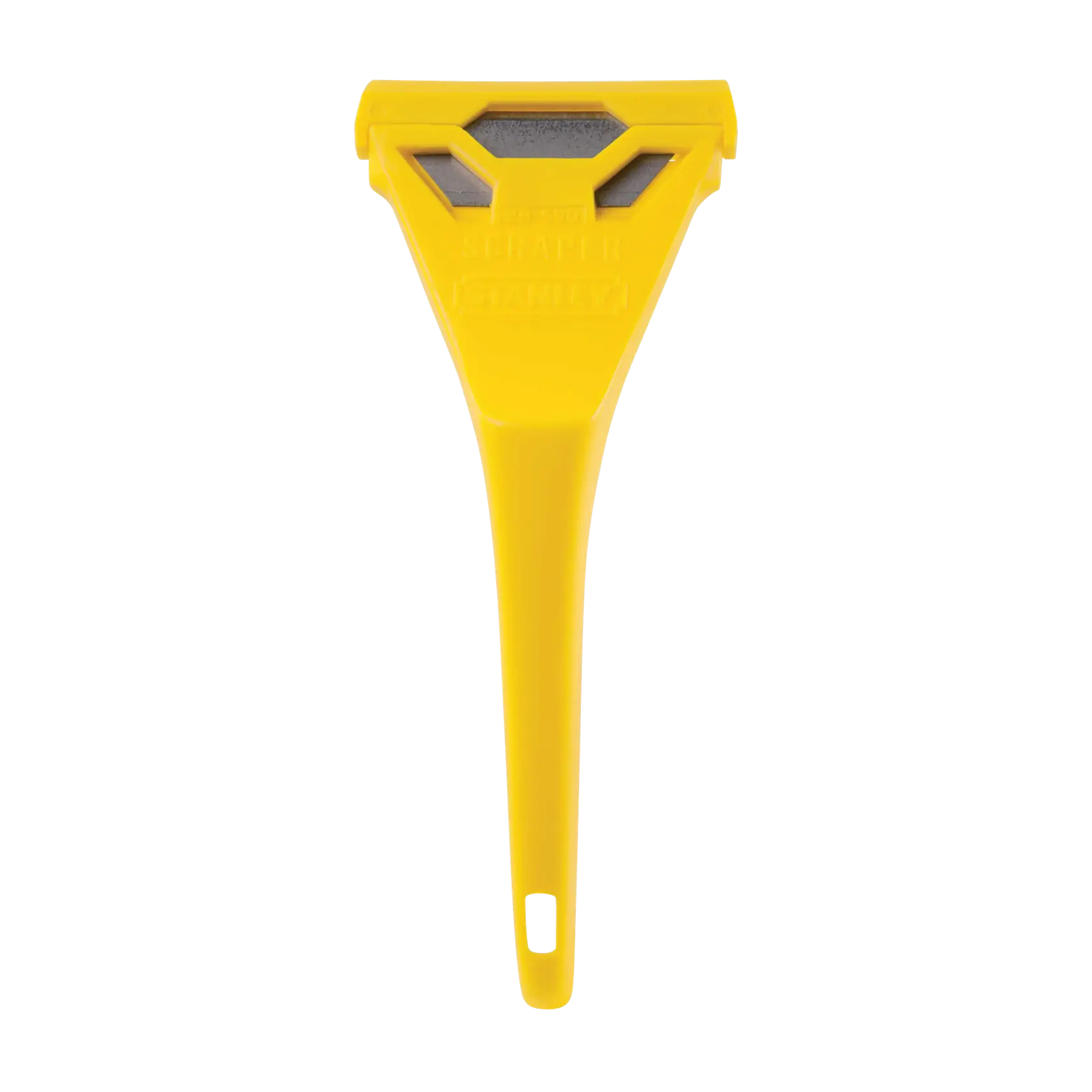 Front view of STANLEY yellow plastic scraper with metal blade, isolated on white background